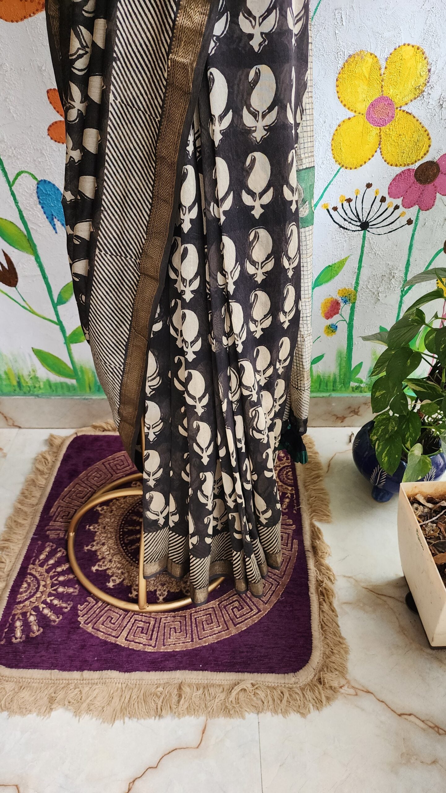 BLACK KOLKA MAHESHWARI SILK & COTTON SAREE