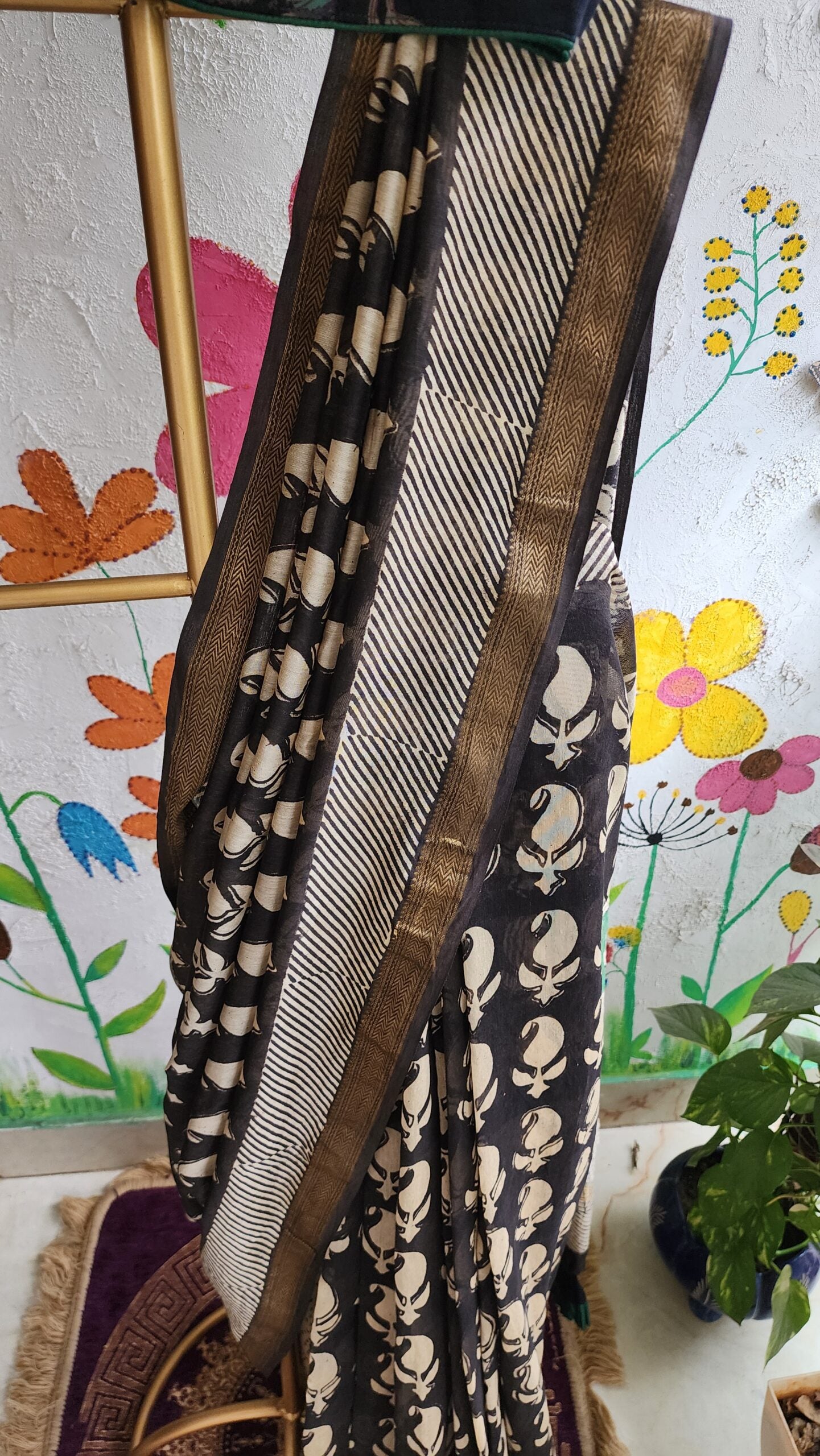 BLACK KOLKA MAHESHWARI SILK & COTTON SAREE