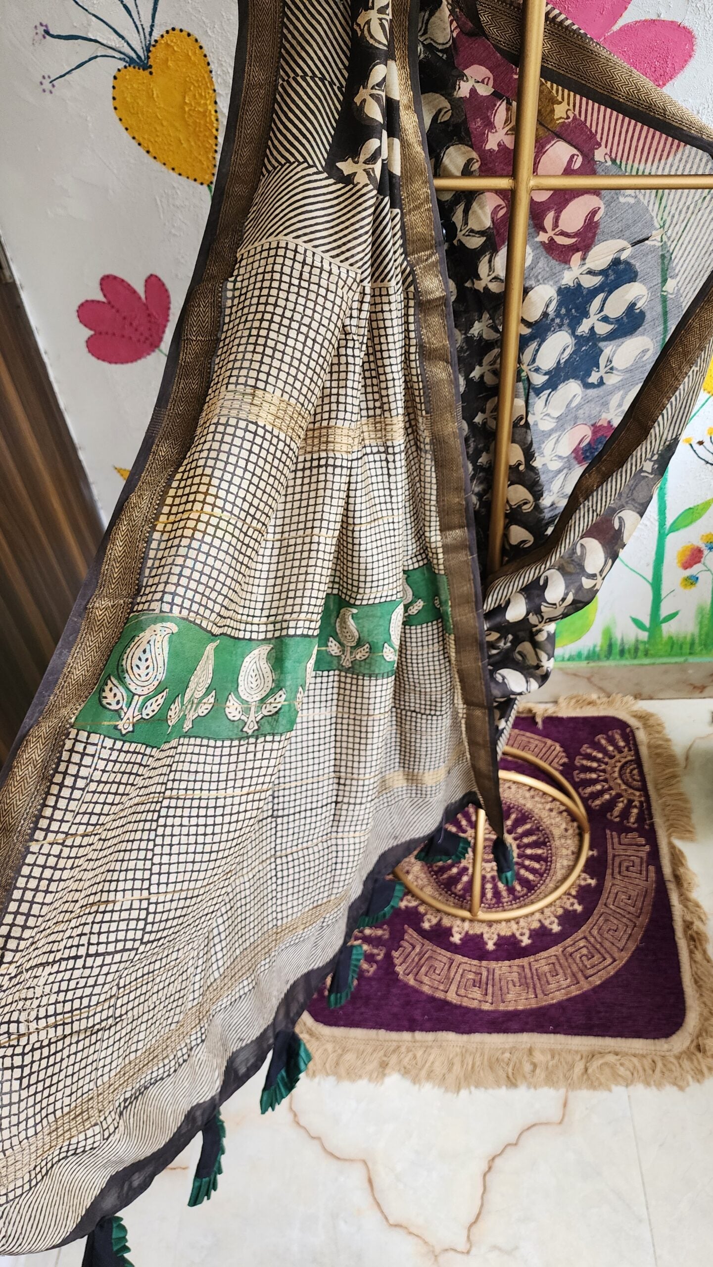 BLACK KOLKA MAHESHWARI SILK & COTTON SAREE