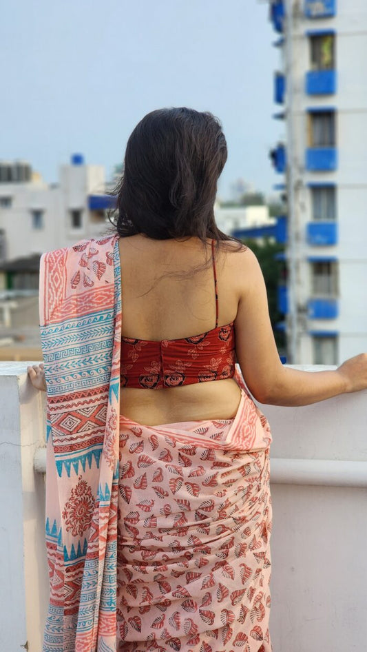 Light Peach Block Printed Mul Cotton Saree