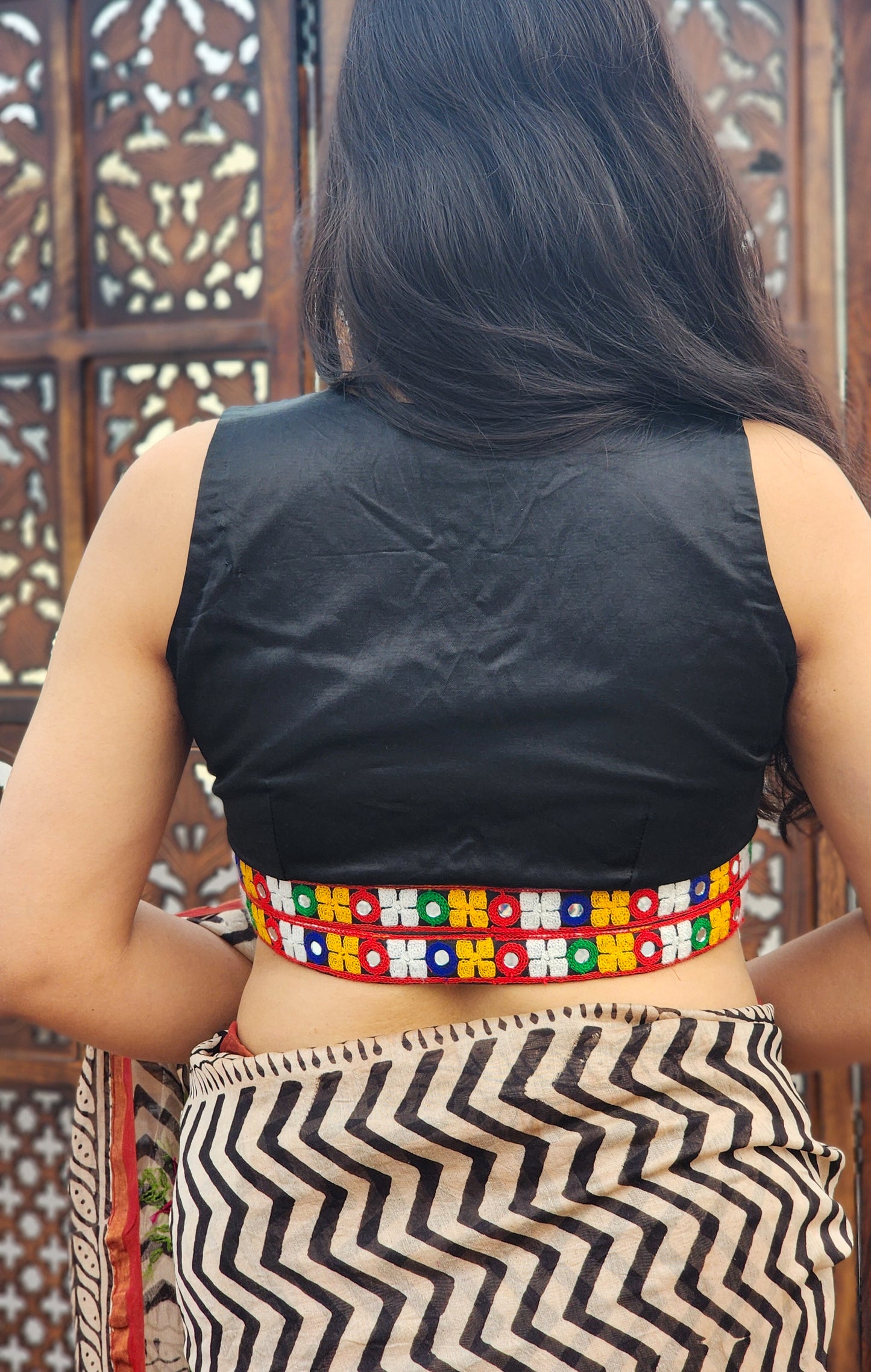 Black Mashru Plunge Neck Blouse