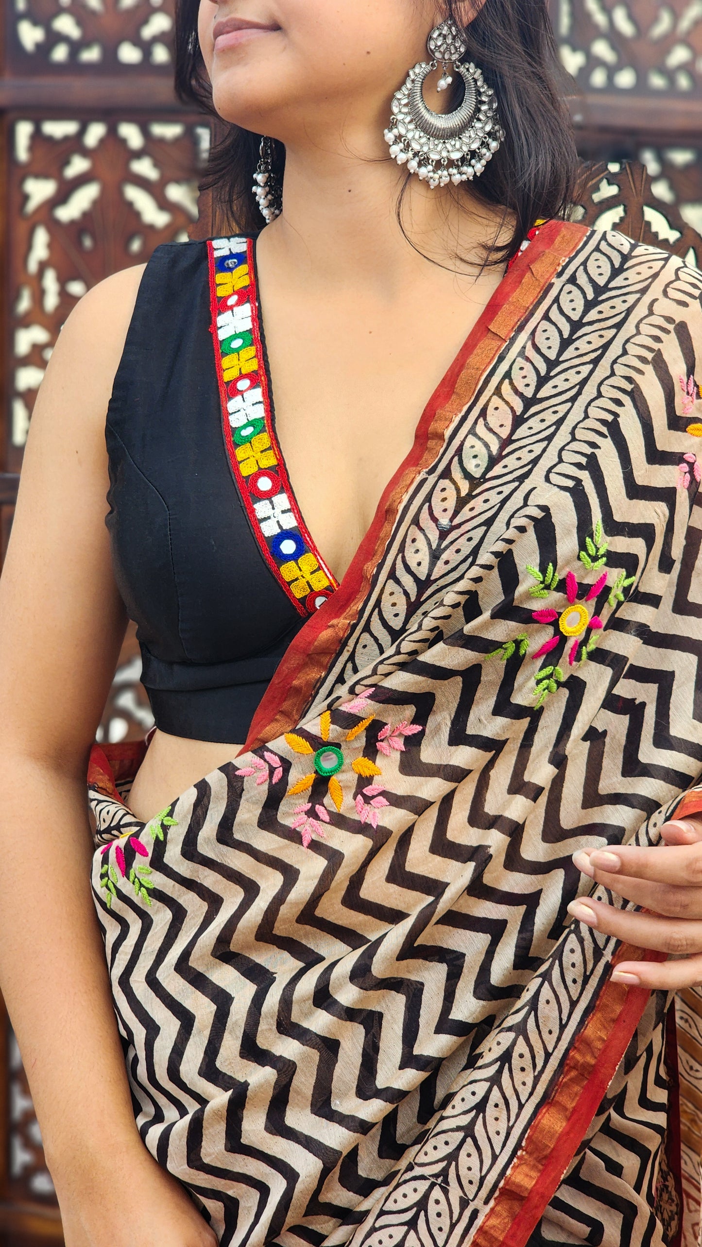 Black Mashru Plunge Neck Blouse