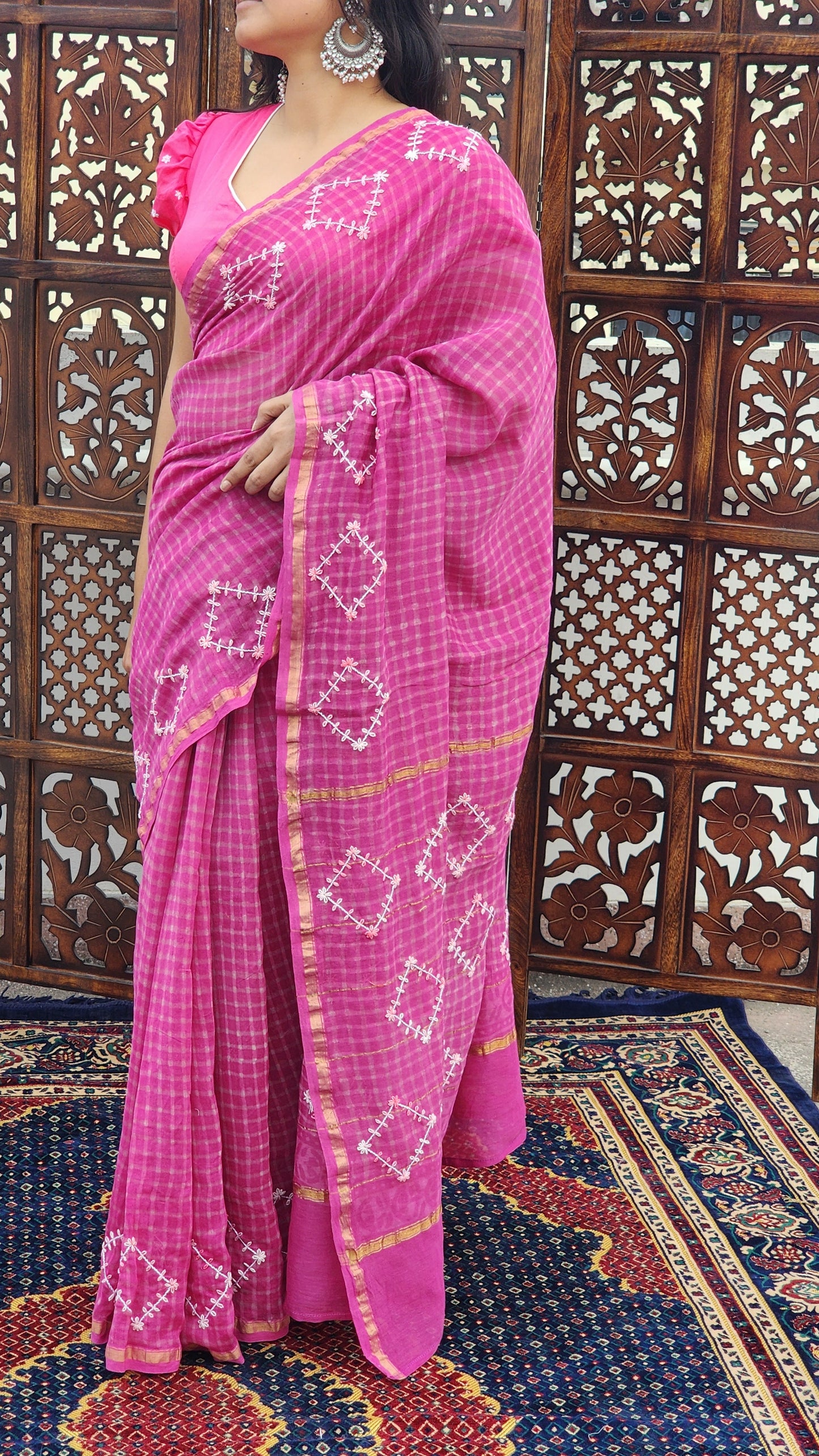 Pink Checkered Hand Embroidered Cotton Silk Saree
