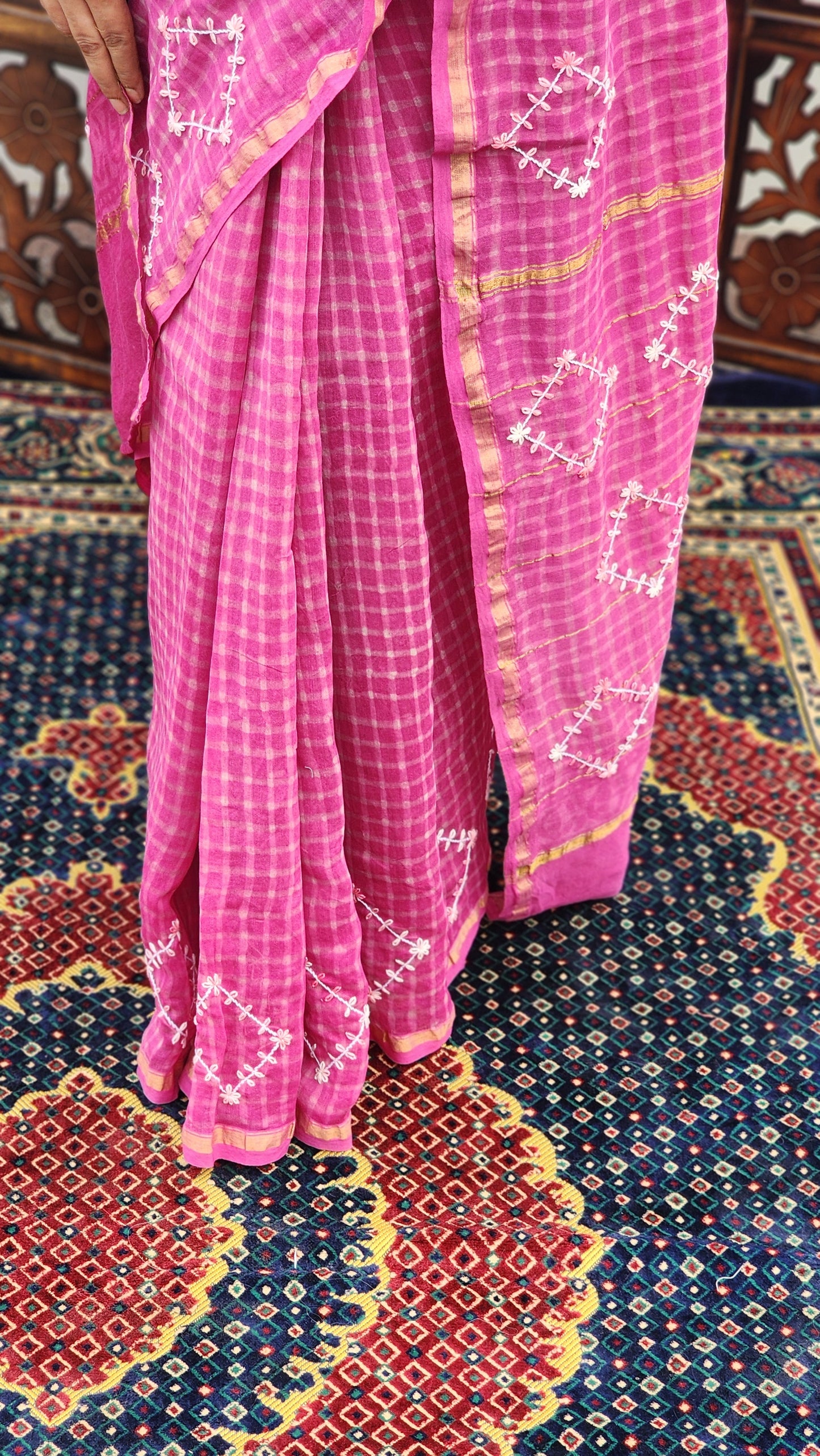 Pink Checkered Hand Embroidered Cotton Silk Saree