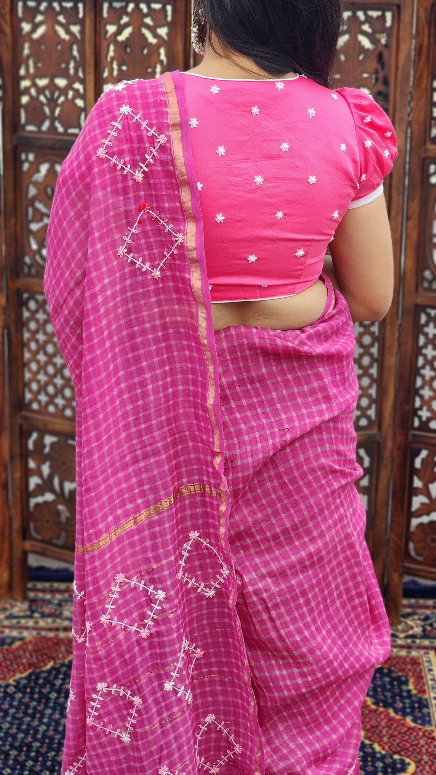 Pink Checkered Hand Embroidered Cotton Silk Saree
