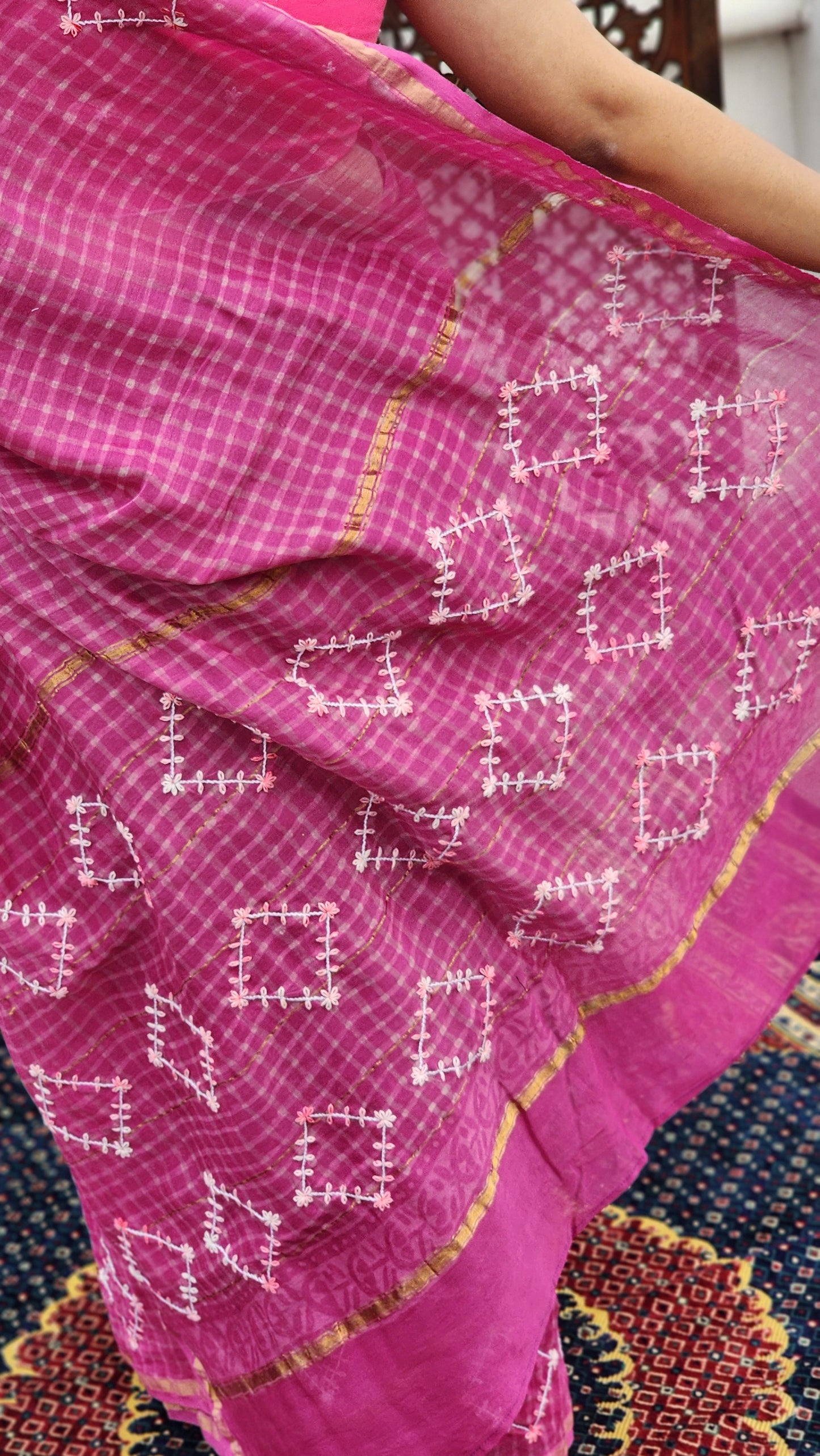 Pink Checkered Hand Embroidered Cotton Silk Saree