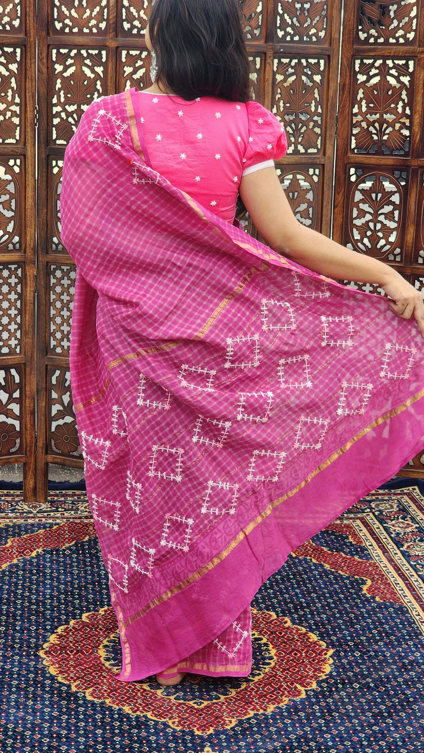 Pink Checkered Hand Embroidered Cotton Silk Saree
