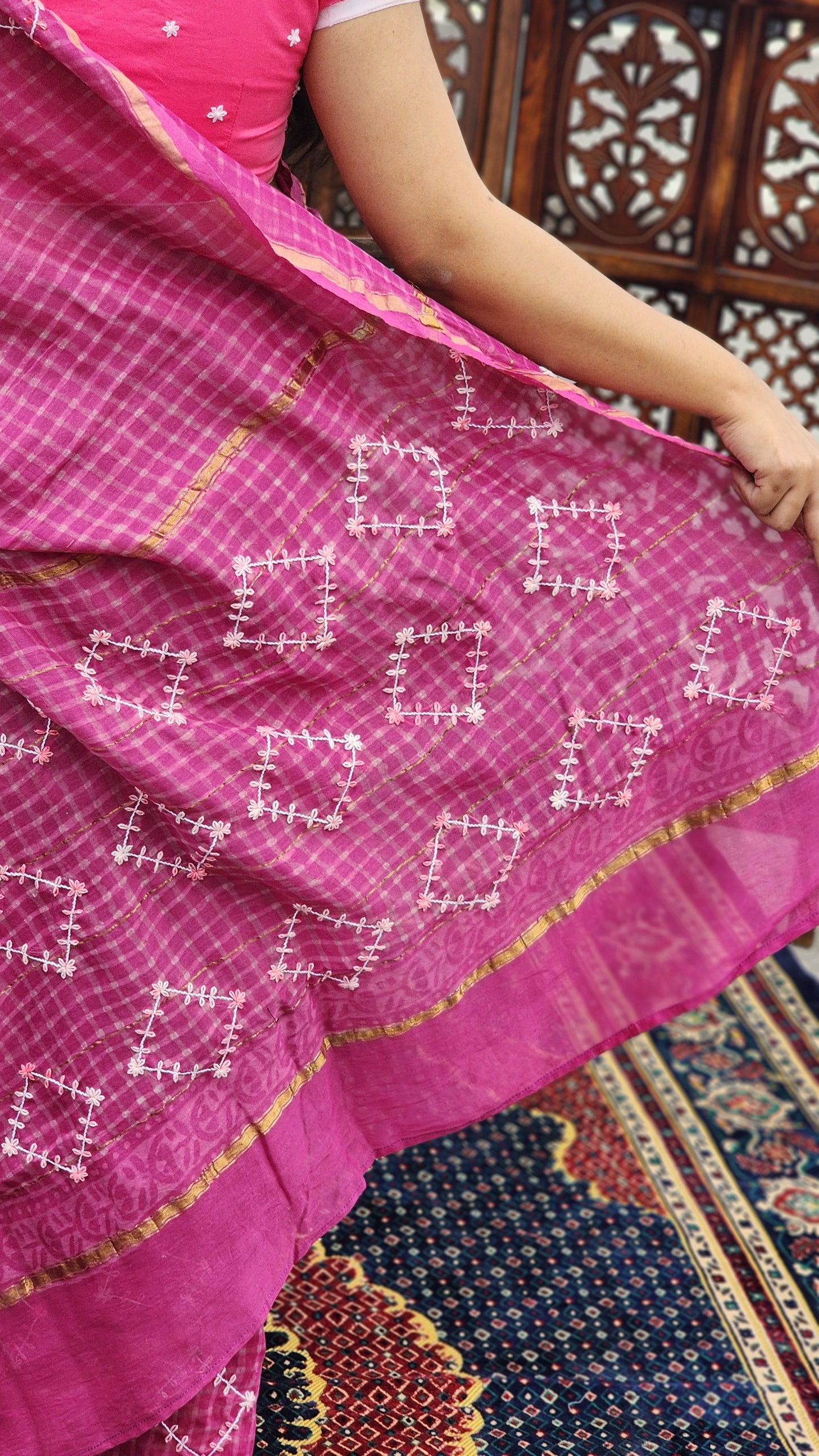 Pink Checkered Hand Embroidered Cotton Silk Saree