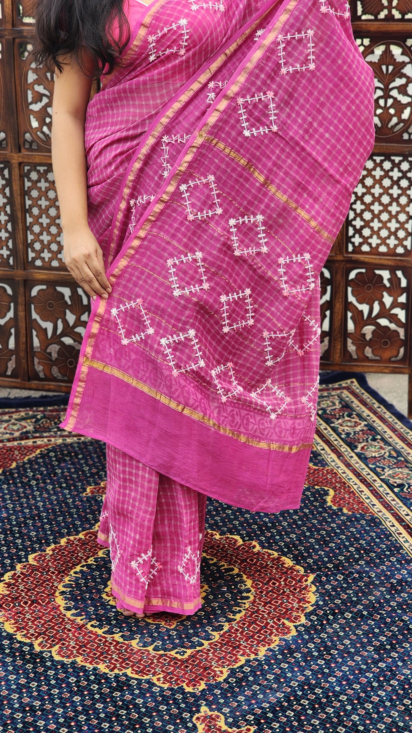 Pink Checkered Hand Embroidered Cotton Silk Saree