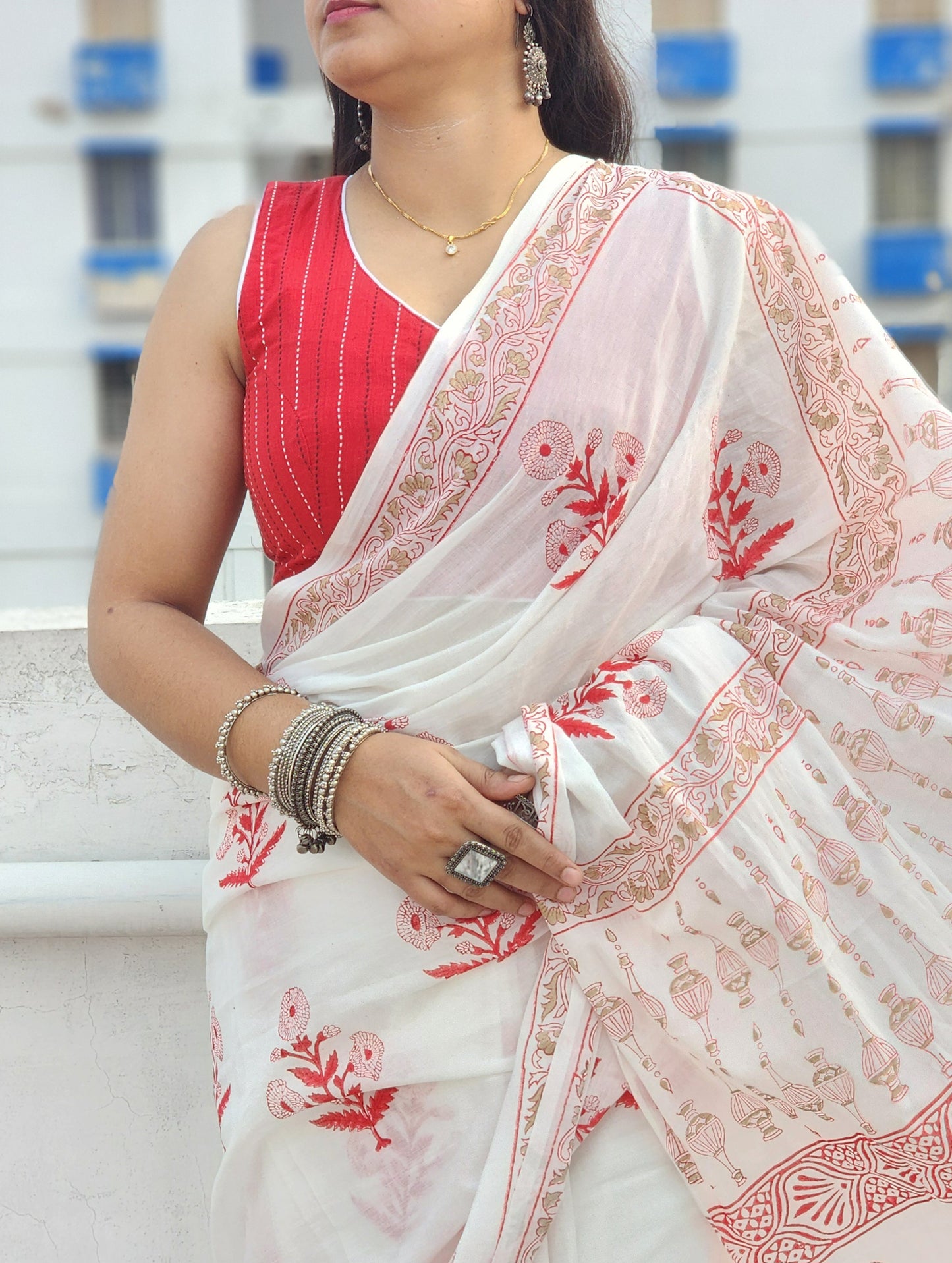 Red Kantha Cotton Sleeveless Blouse