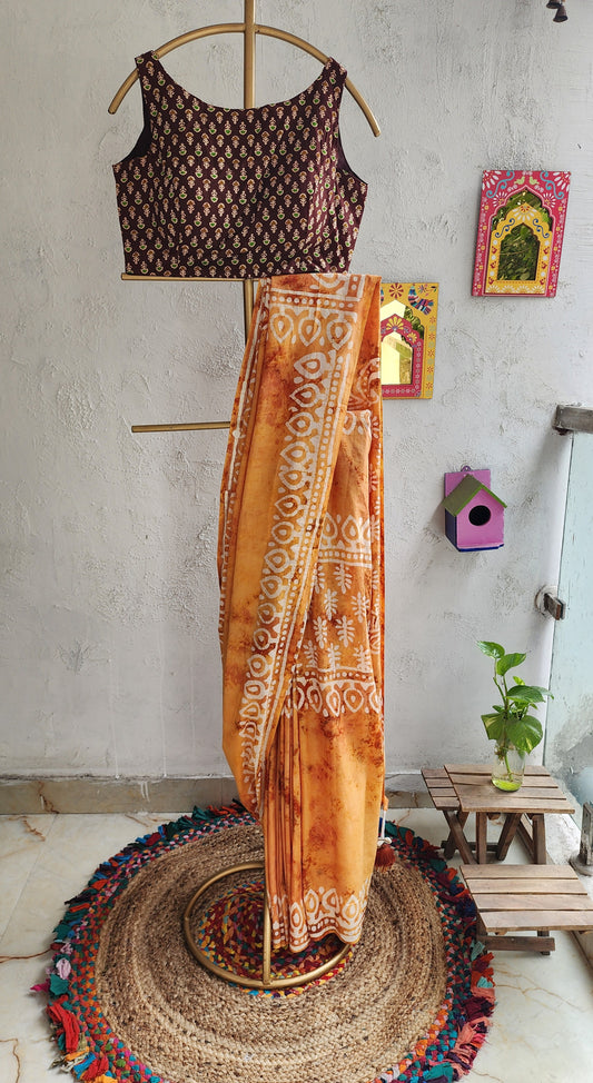 Mustard Batik Mulmul Saree