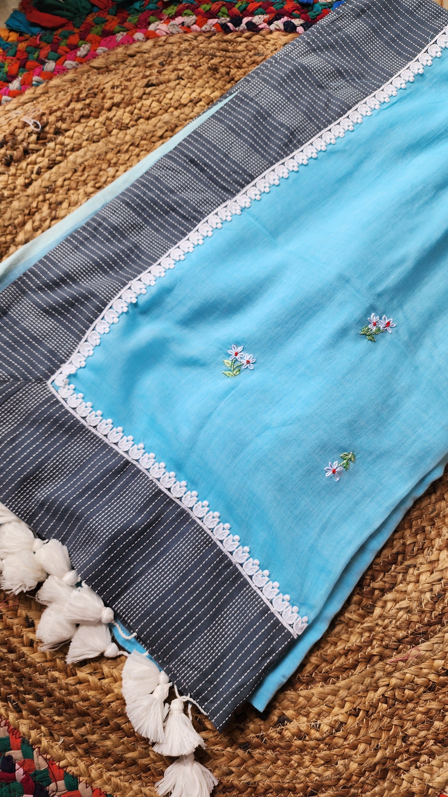 Cloudless Sky Mulmul Patchwork Saree