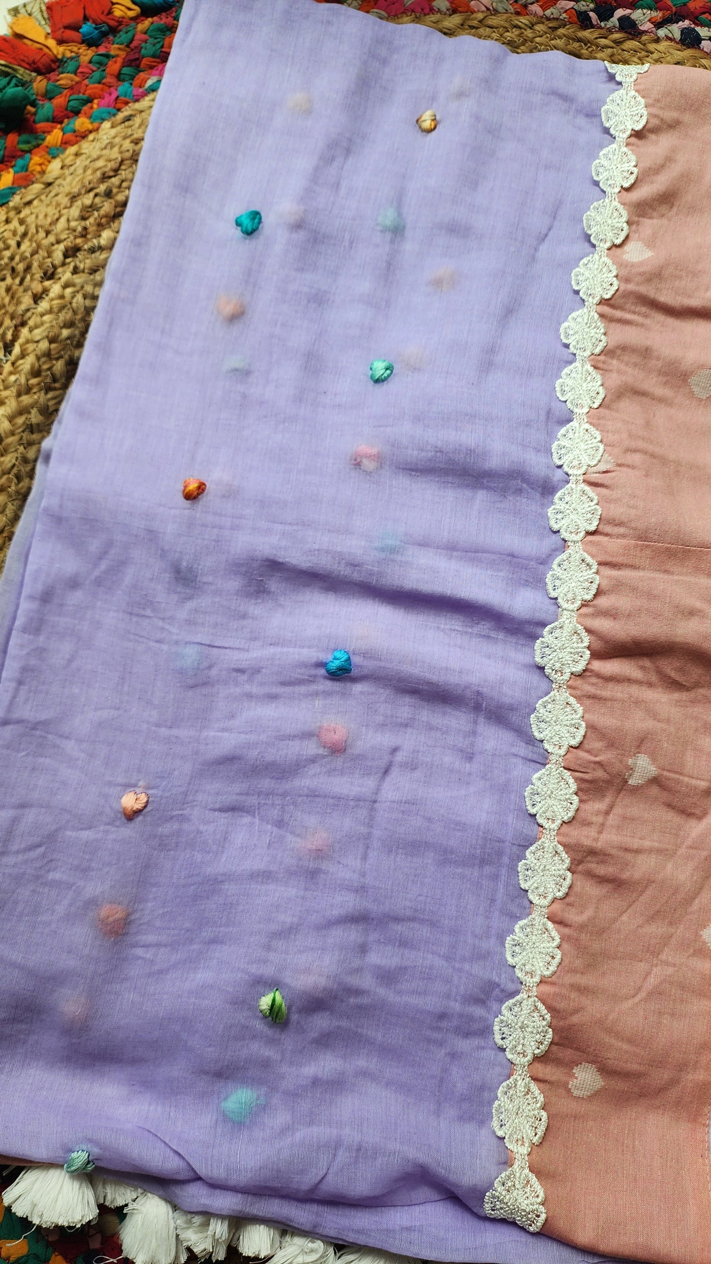 Lilac Bloom Mulmul Patchwork Saree