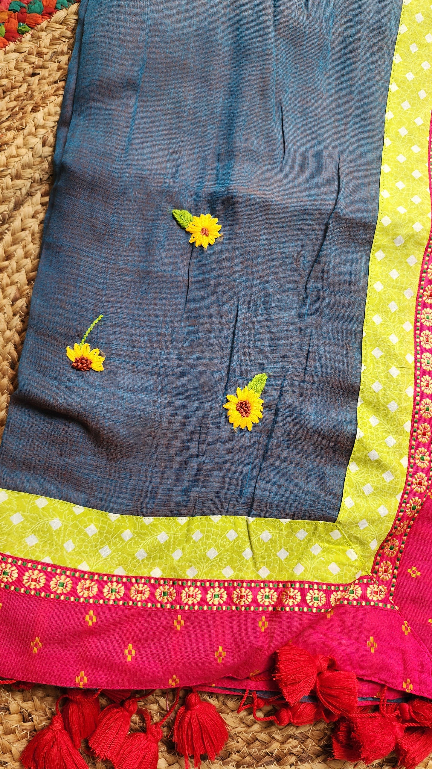 Ashen Bloom Mulmul Patchwork Saree