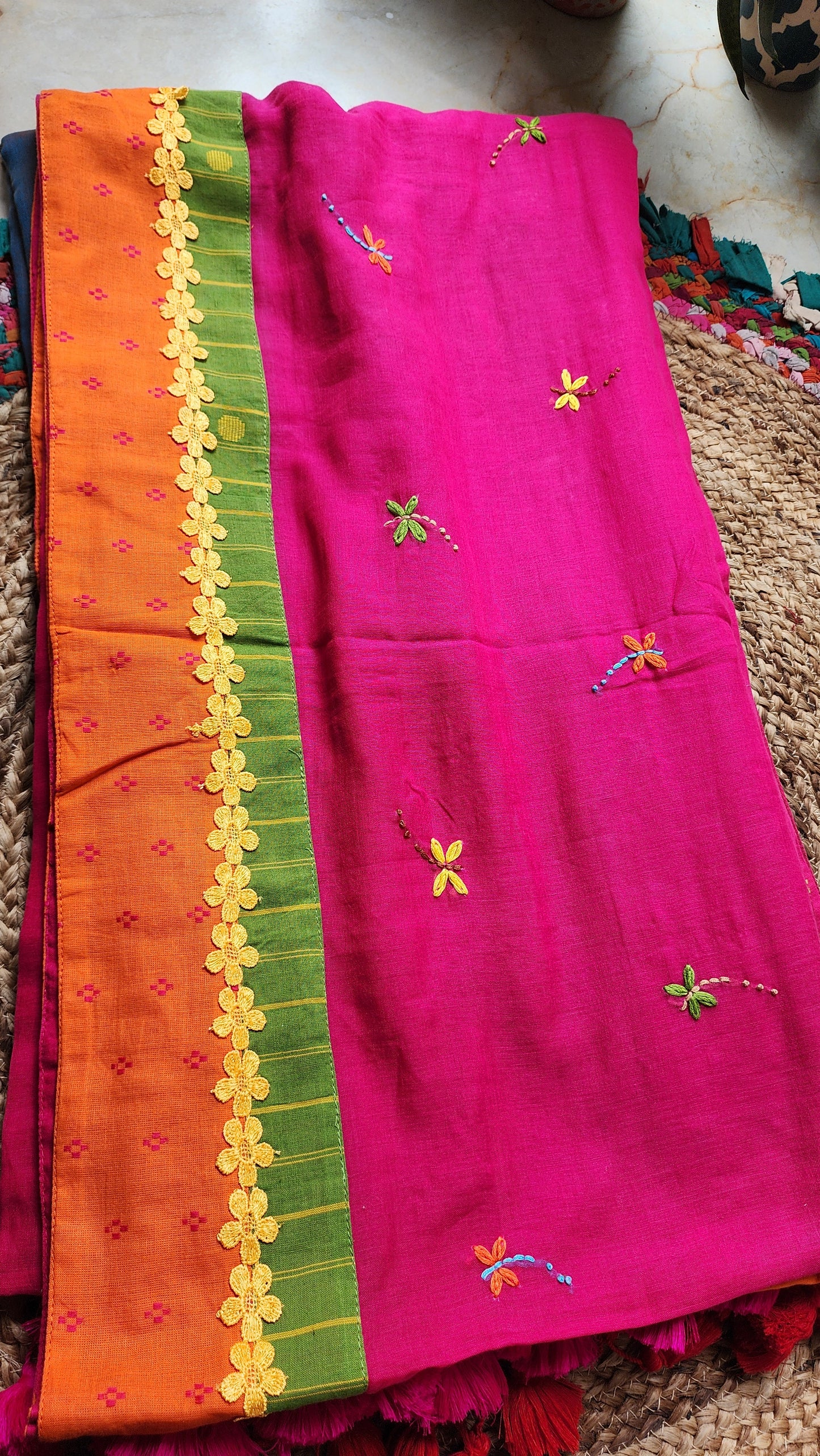 Fuchsia Flame Mulmul Patchwork Saree