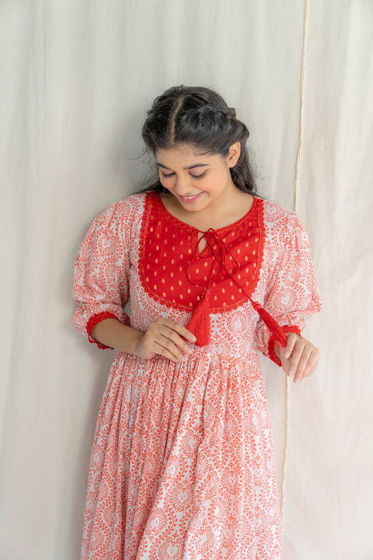 Red White Handblock Cotton Dress