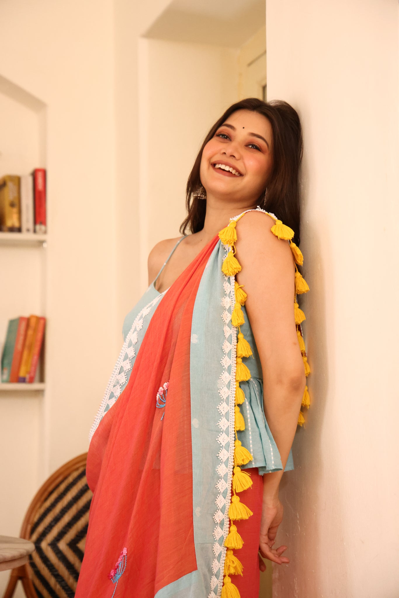 Amber Glow Mulmul Patchwork Saree