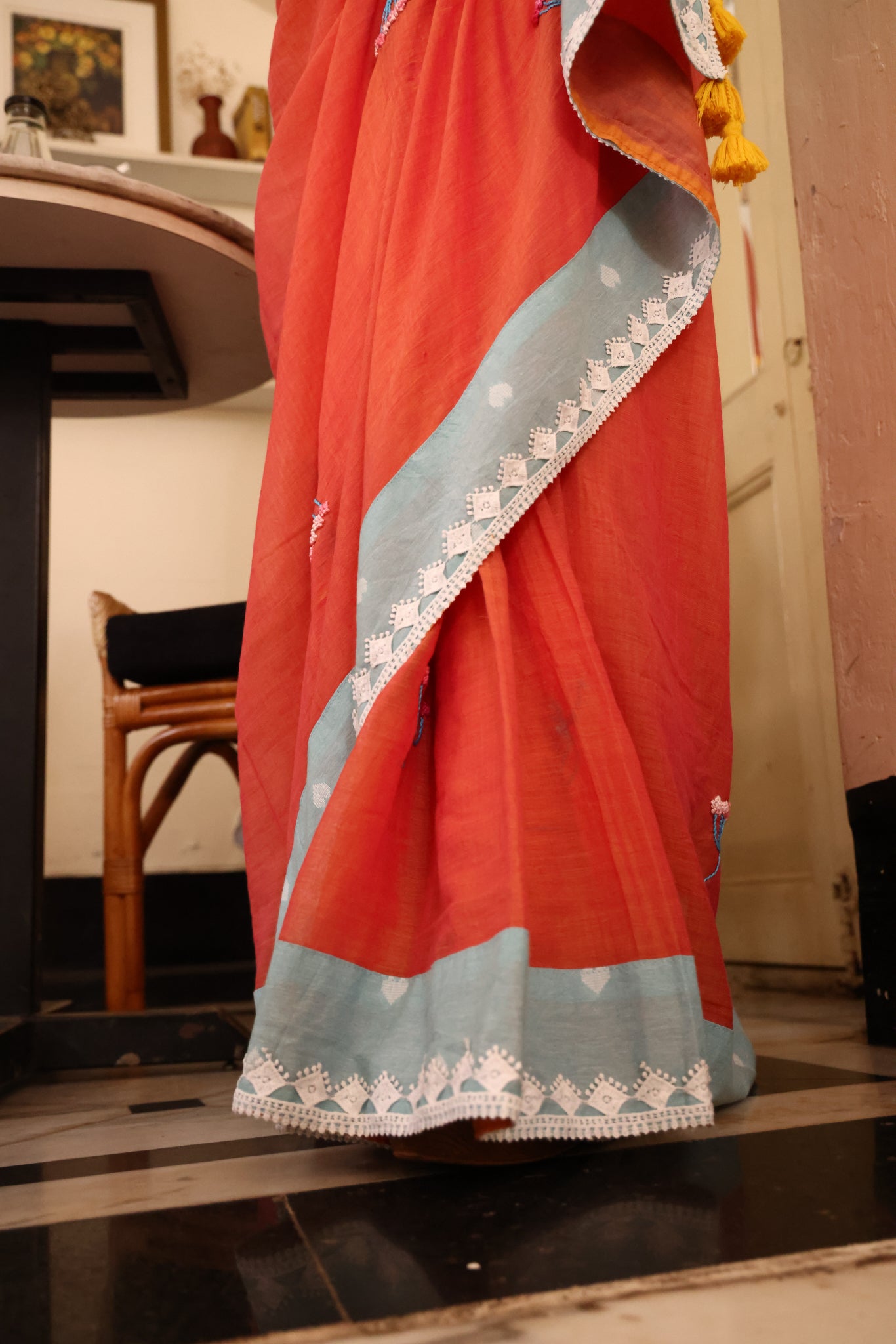 Amber Glow Mulmul Patchwork Saree