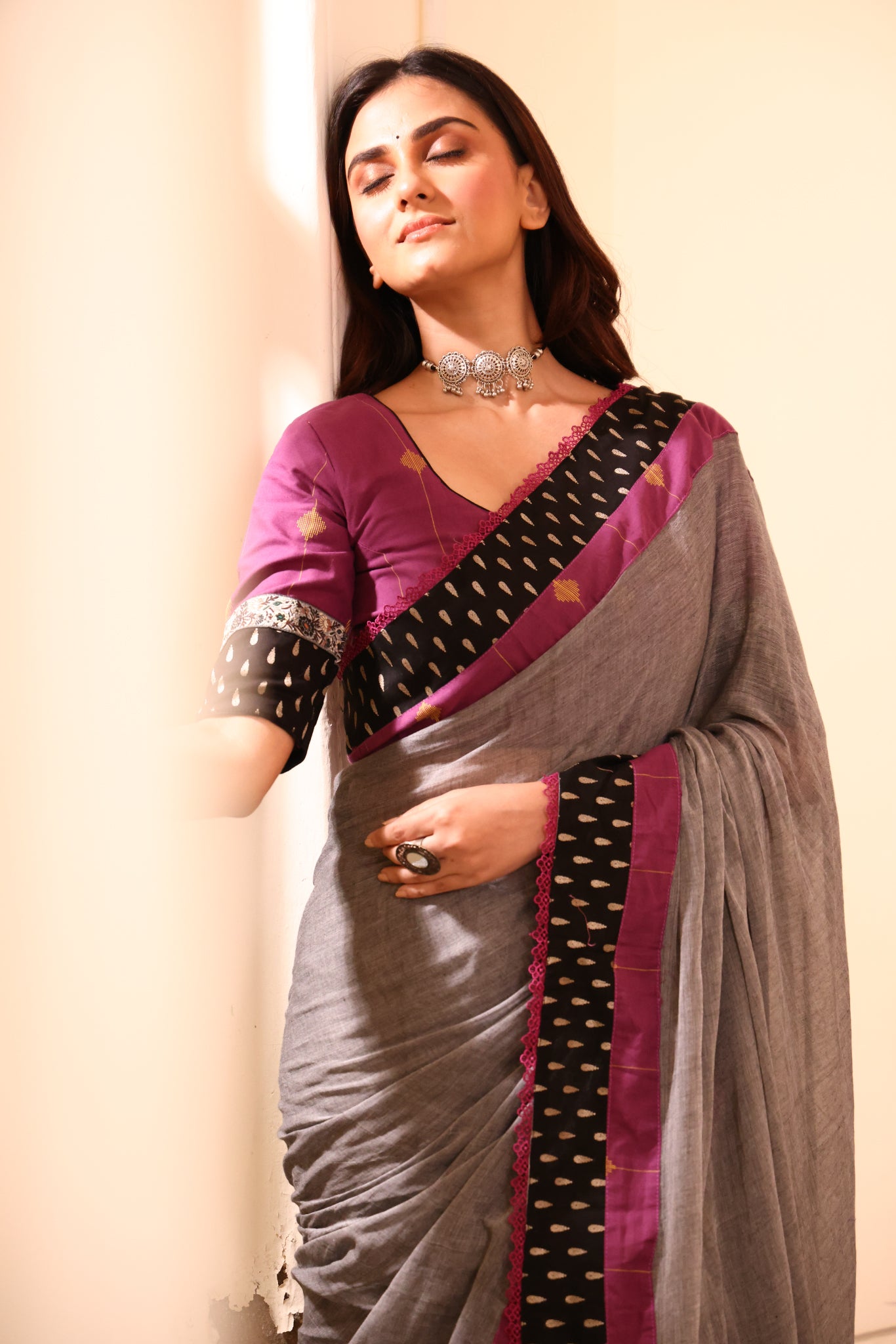 Dove Mist Mulmul Patchwork Saree