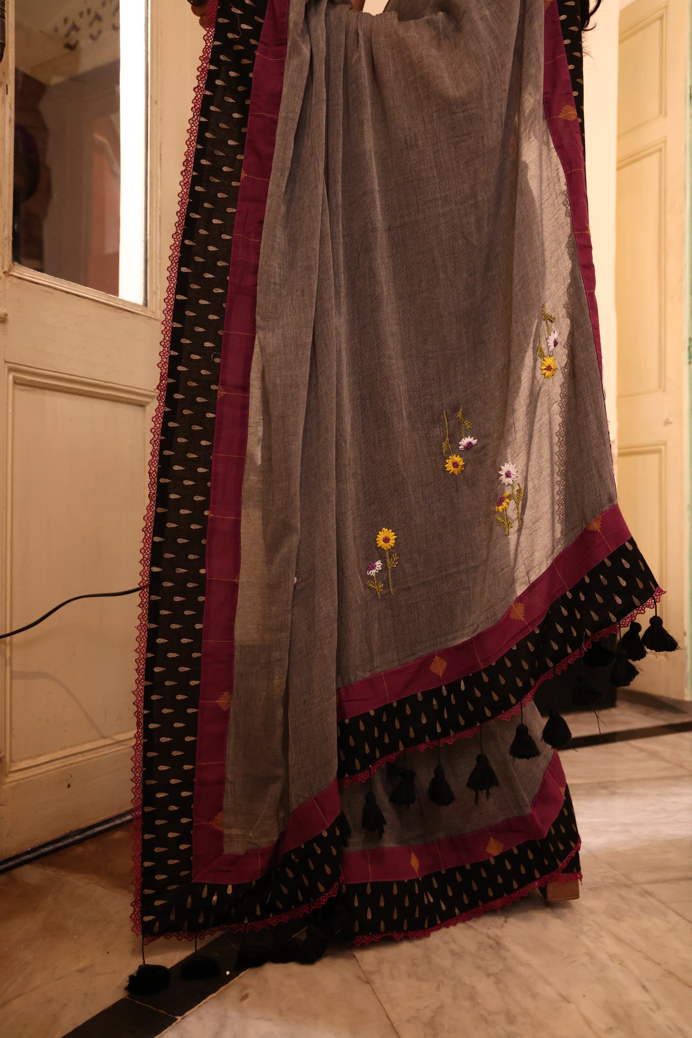 Dove Mist Mulmul Patchwork Saree
