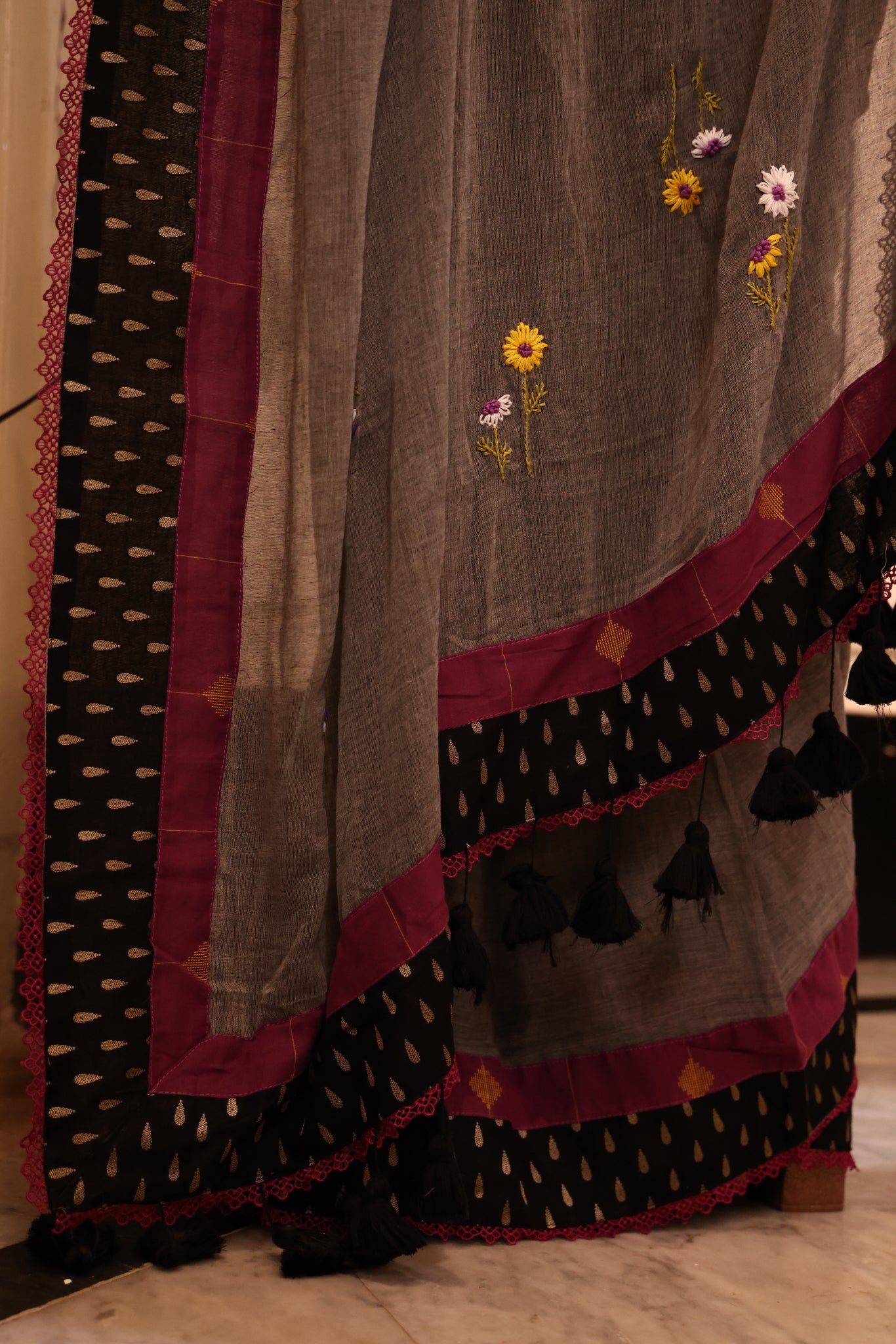 Dove Mist Mulmul Patchwork Saree