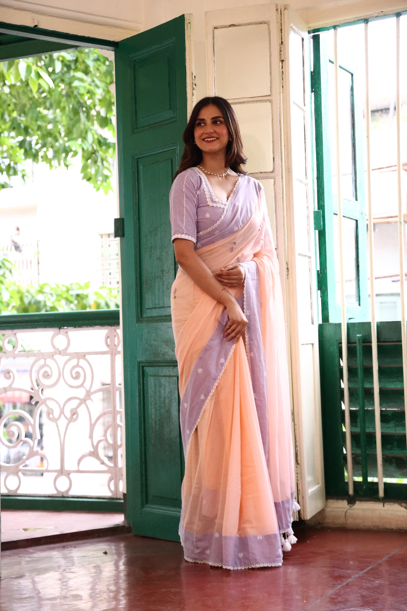 Blush Dusk Mulmul Patchwork Saree