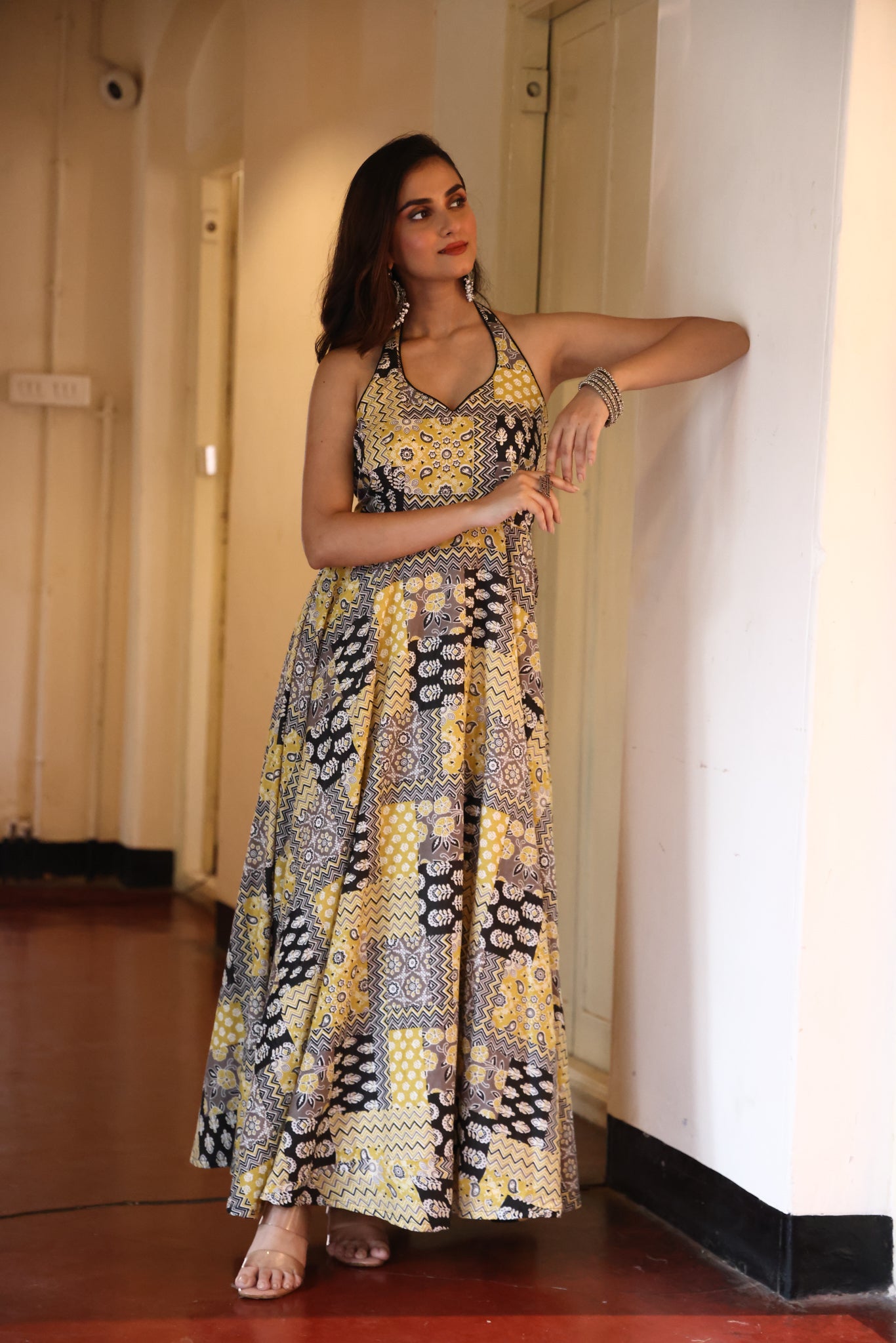 Mustard Mosaic Halter Maxi Dress