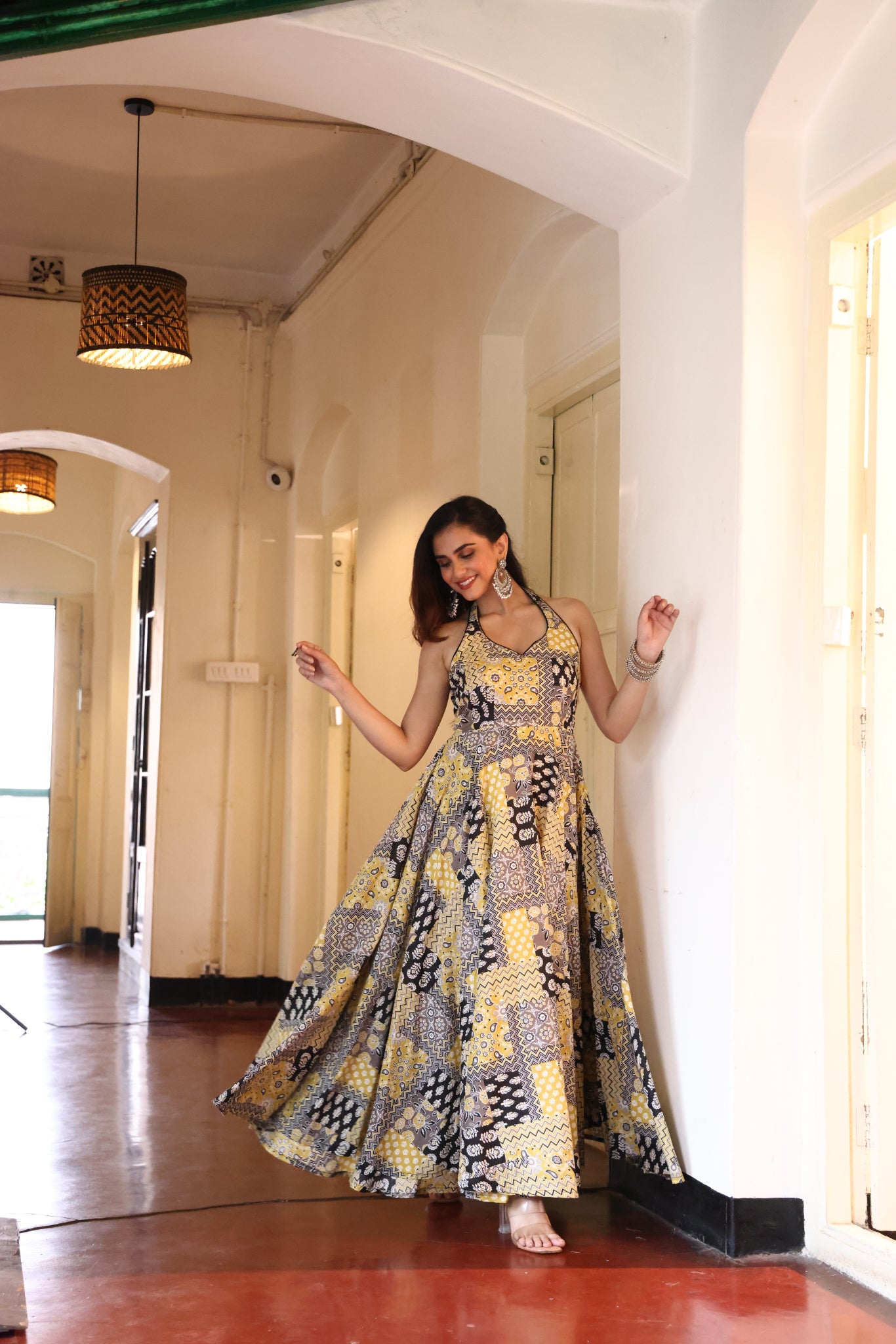 Mustard Mosaic Halter Maxi Dress