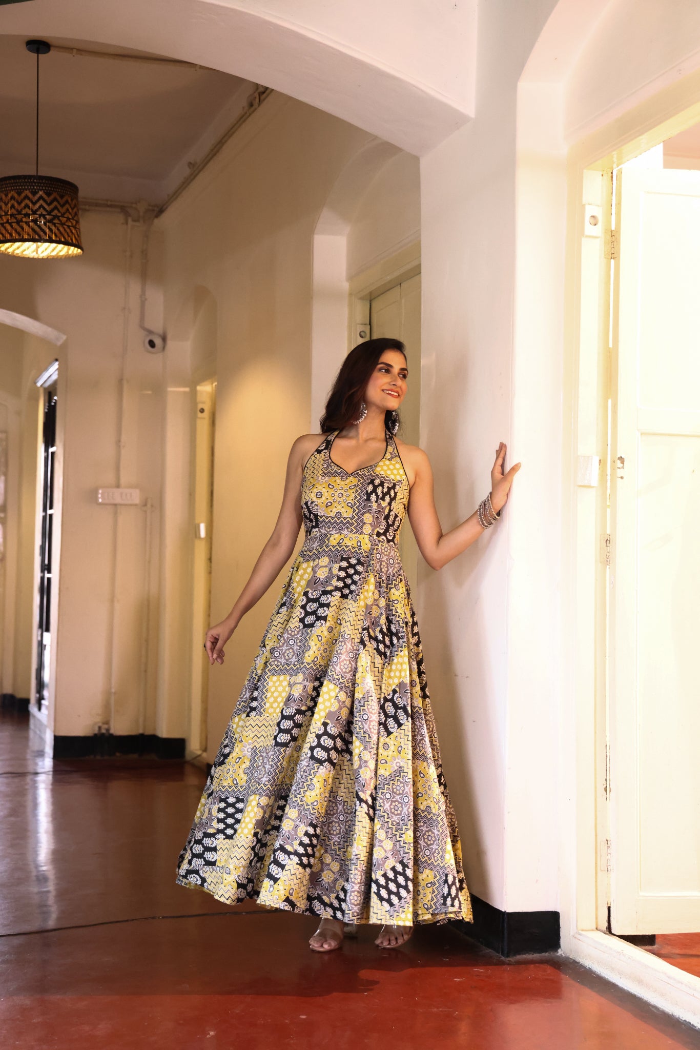 Mustard Mosaic Halter Maxi Dress