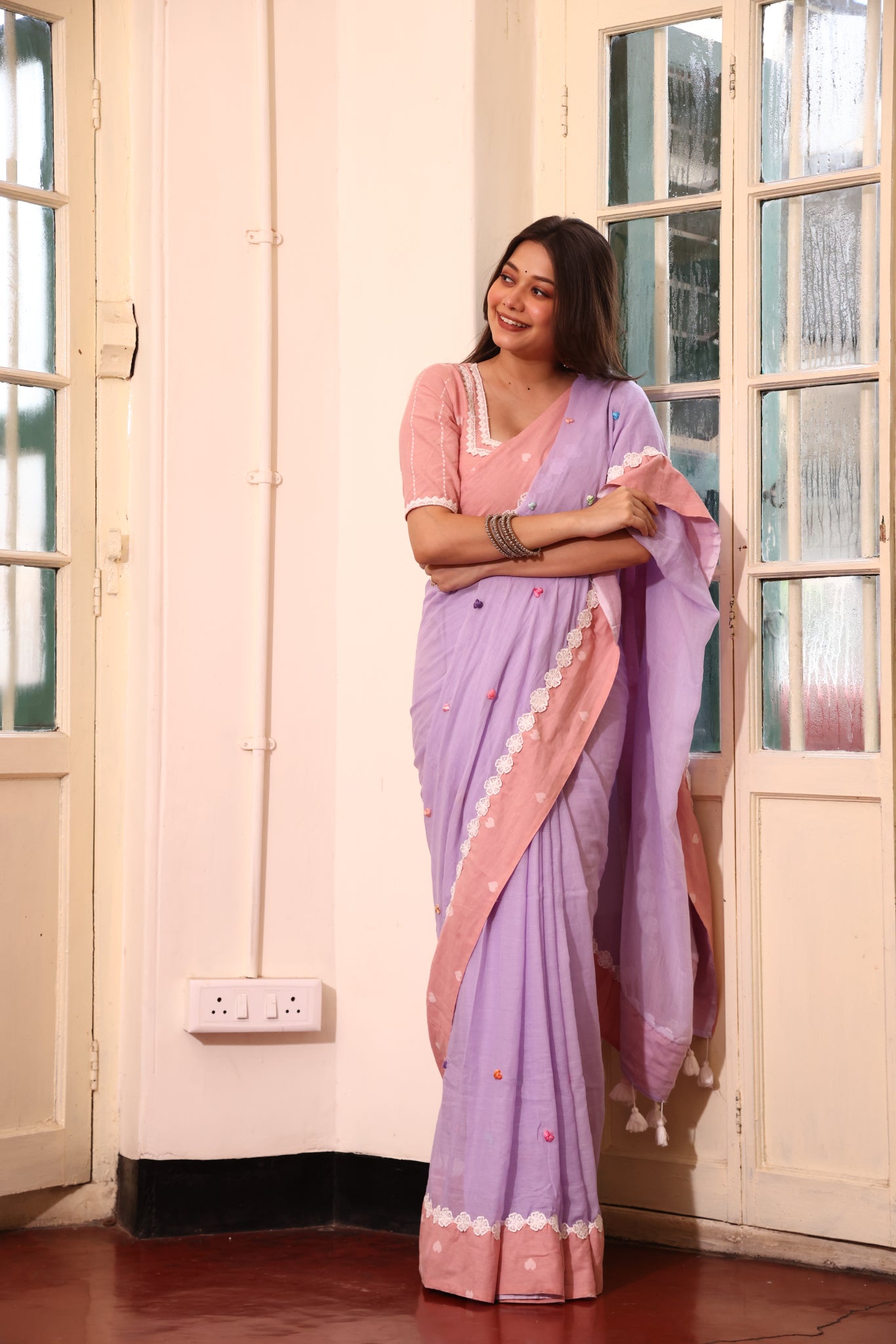 Lilac Bloom Mulmul Patchwork Saree