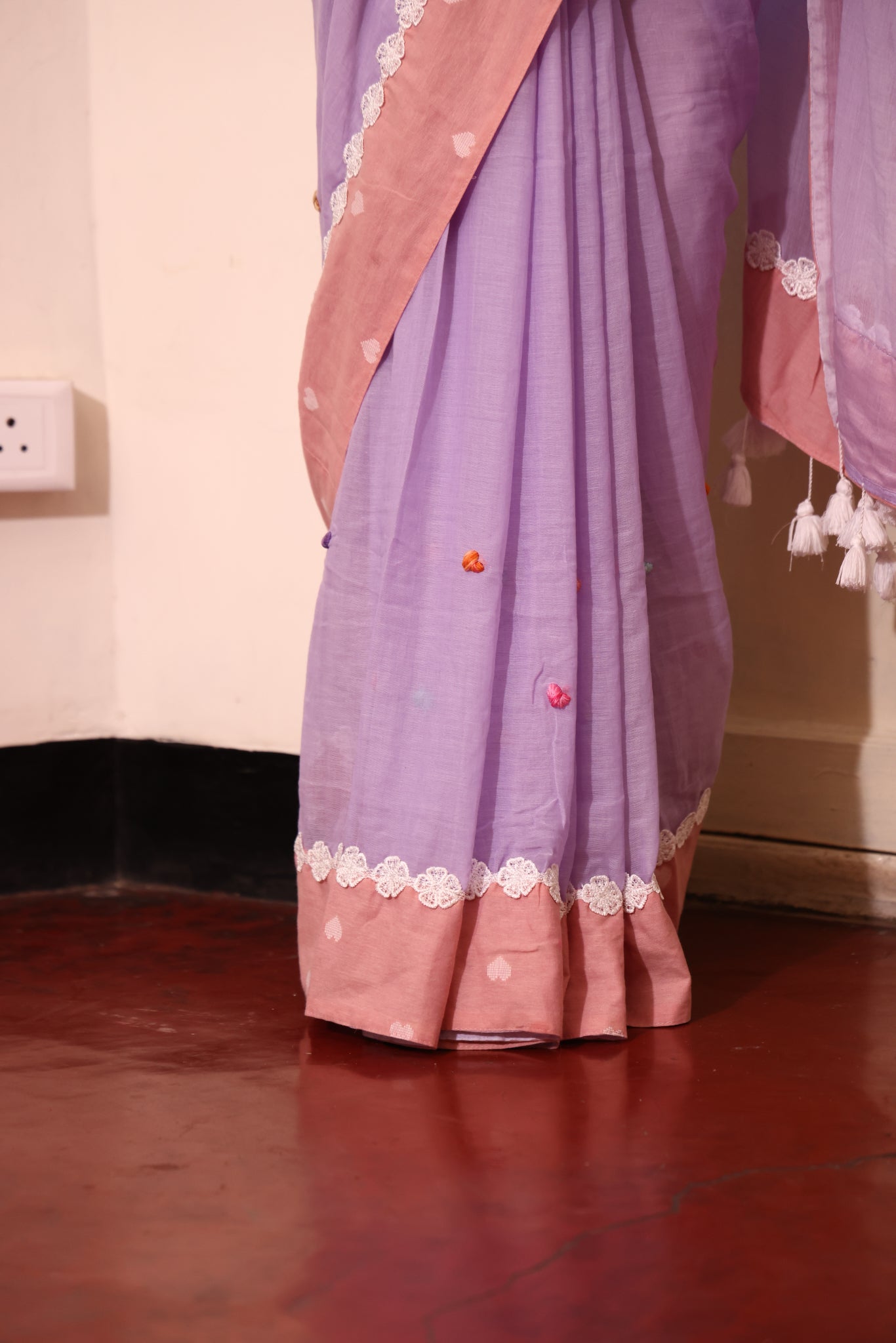Lilac Bloom Mulmul Patchwork Saree