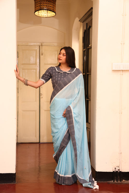Cloudless Sky Mulmul Patchwork Saree