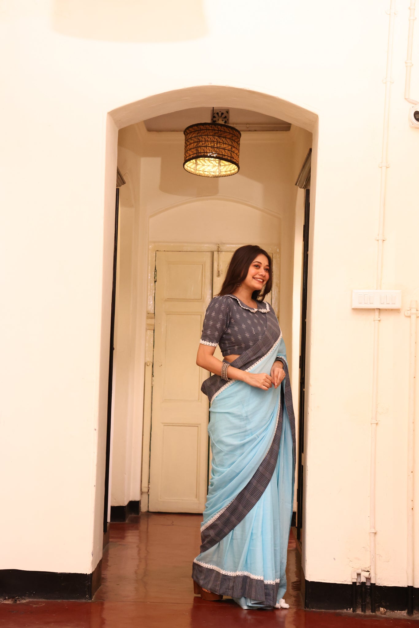 Cloudless Sky Mulmul Patchwork Saree