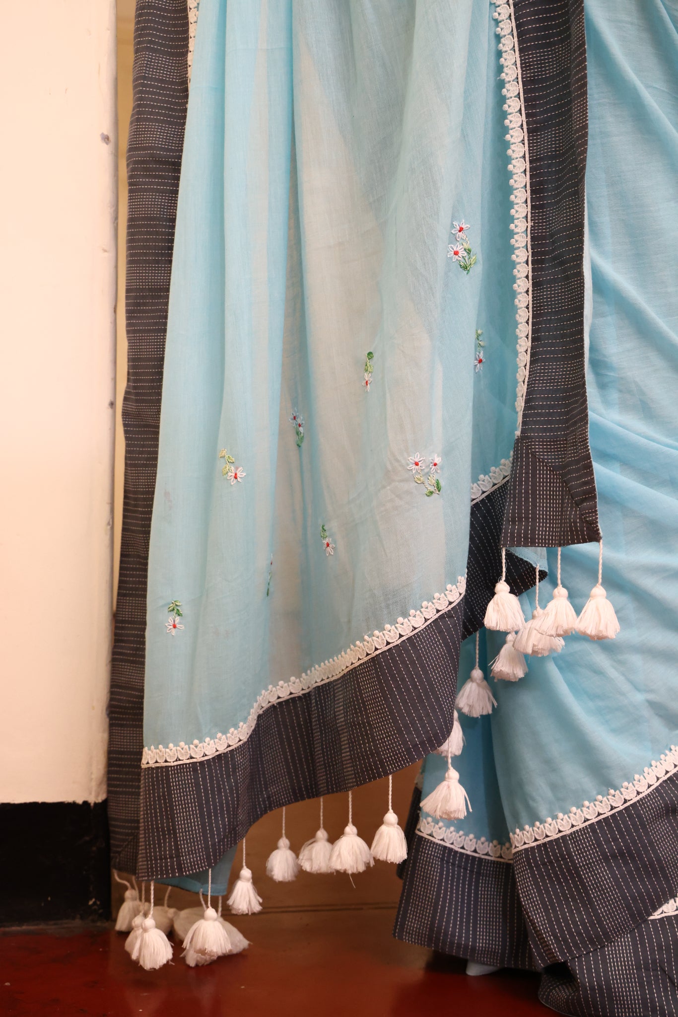 Cloudless Sky Mulmul Patchwork Saree