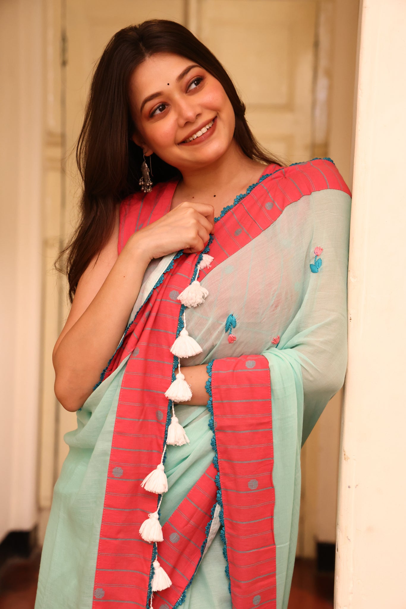Mint Tide Mulmul Patchwork Saree