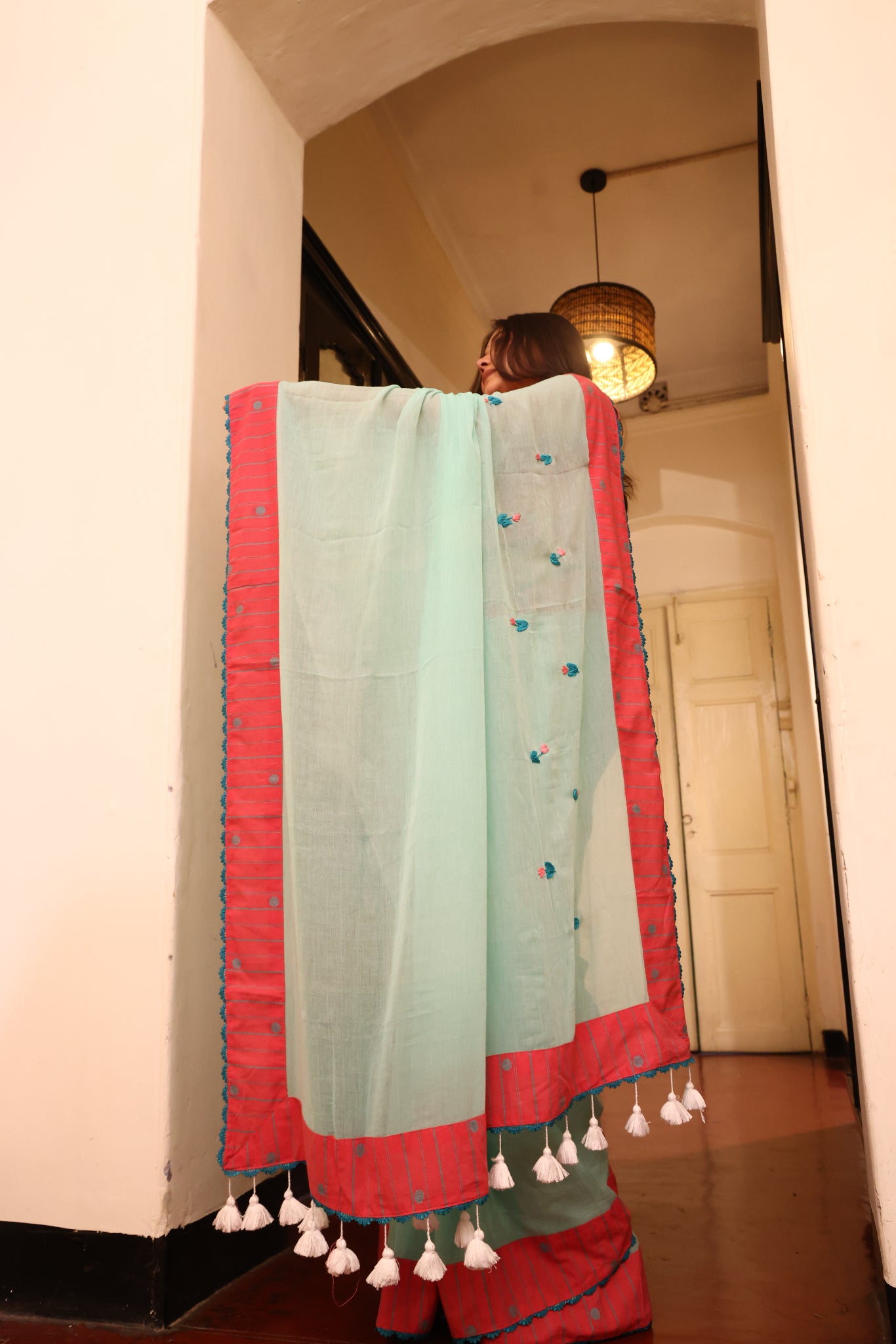 Mint Tide Mulmul Patchwork Saree