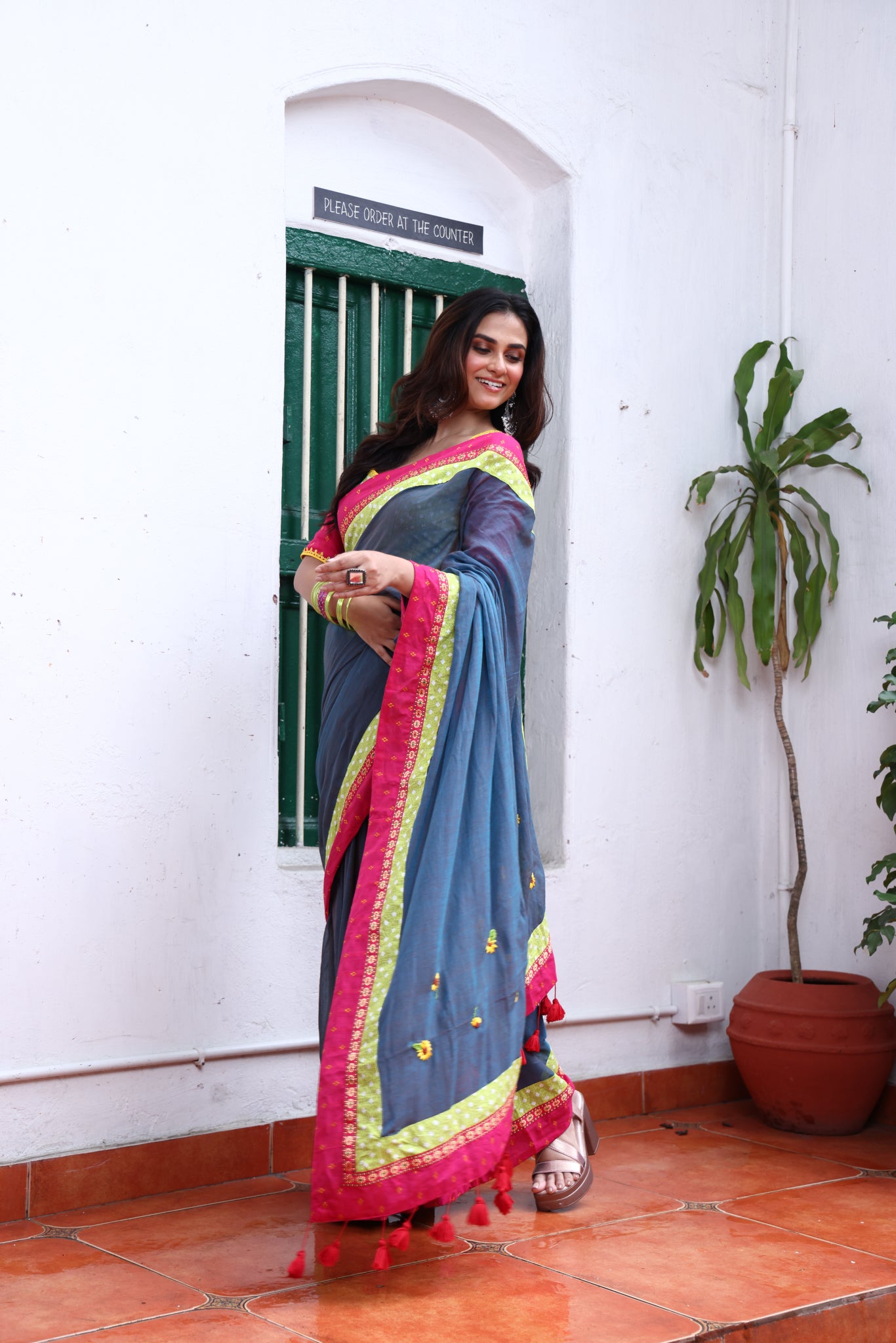 Ashen Bloom Mulmul Patchwork Saree