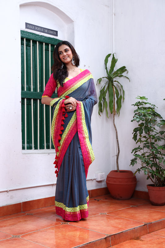 Ashen Bloom Mulmul Patchwork Saree