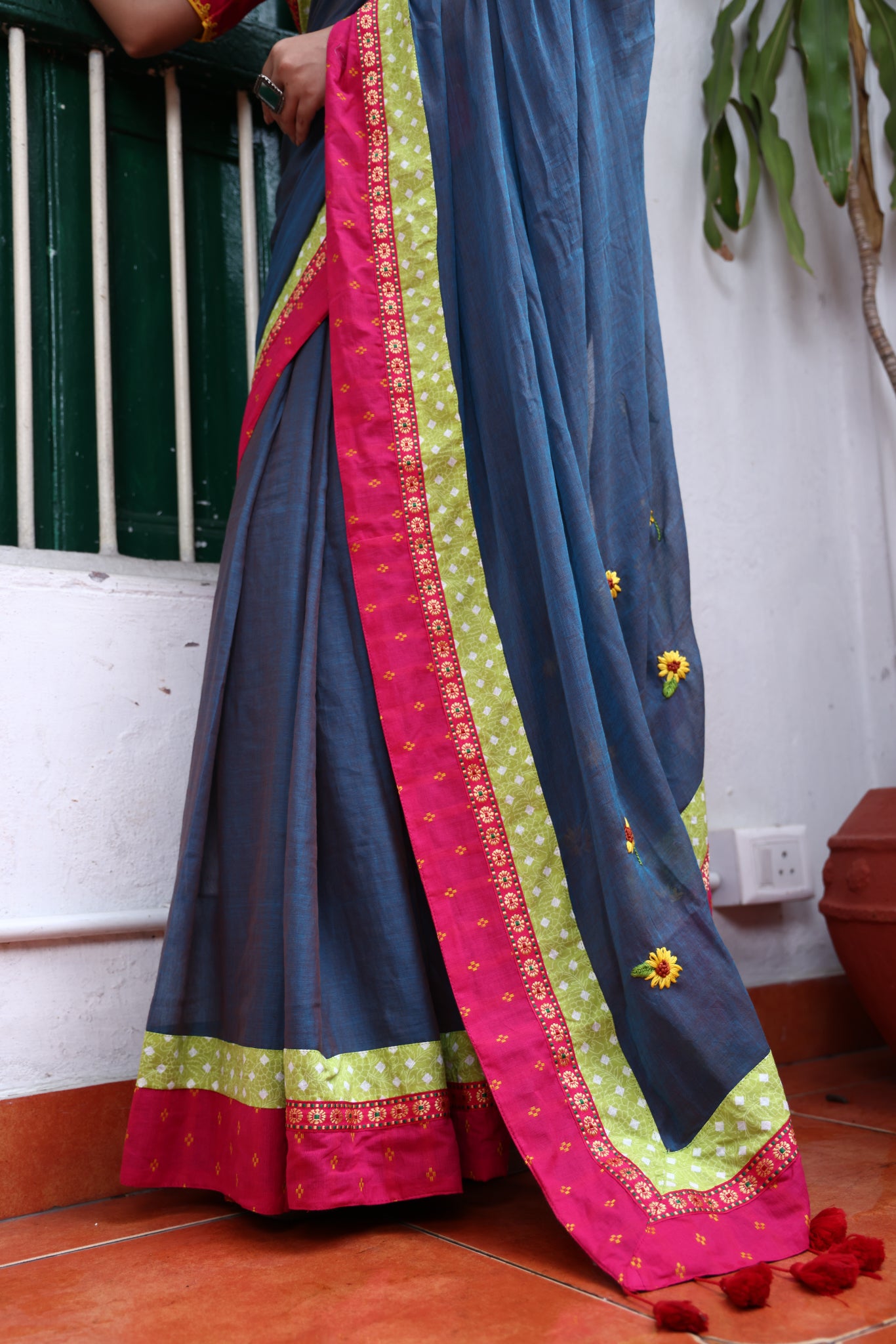 Ashen Bloom Mulmul Patchwork Saree