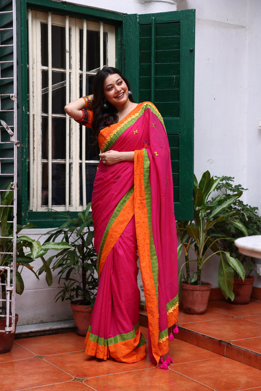 Fuchsia Flame Mulmul Patchwork Saree
