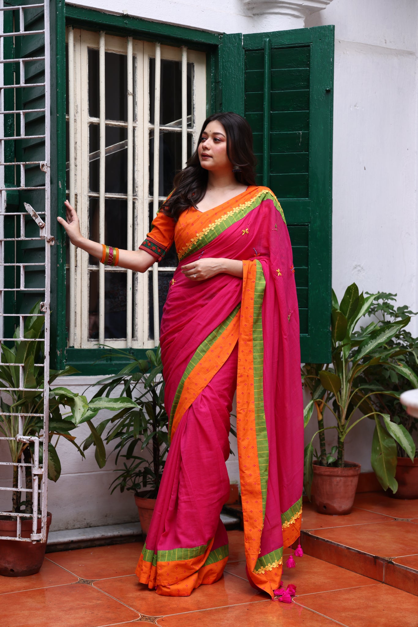 Fuchsia Flame Mulmul Patchwork Saree