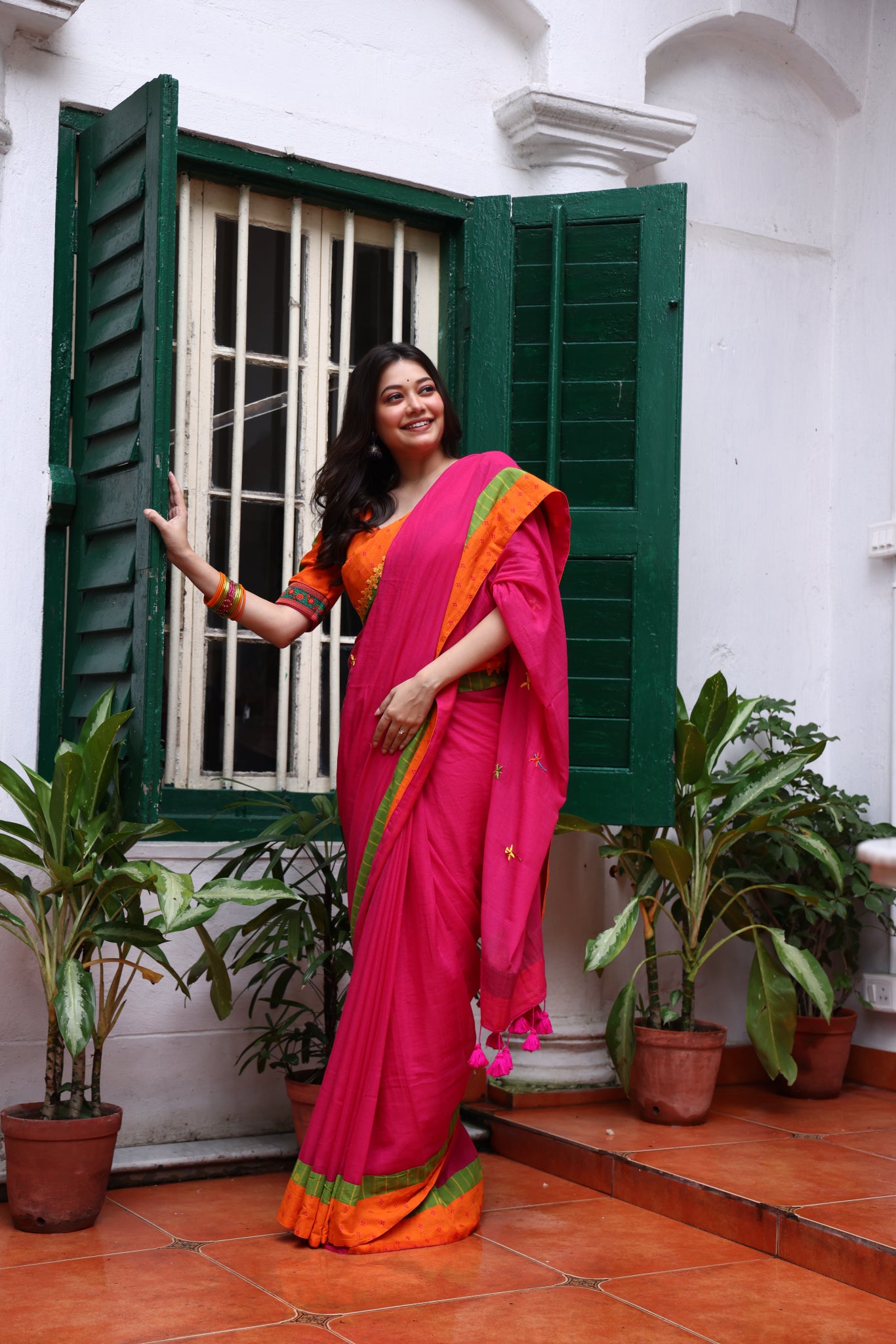Fuchsia Flame Mulmul Patchwork Saree