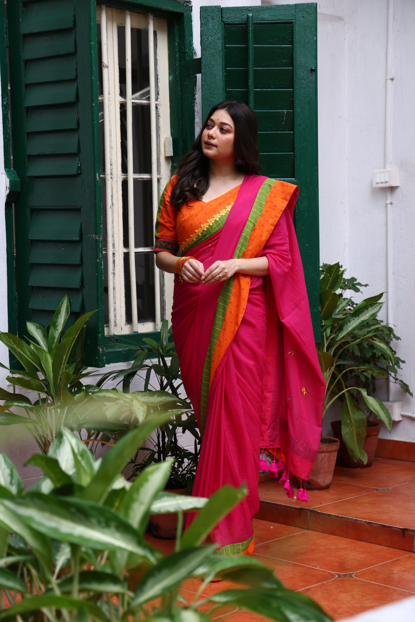 Fuchsia Flame Mulmul Patchwork Saree