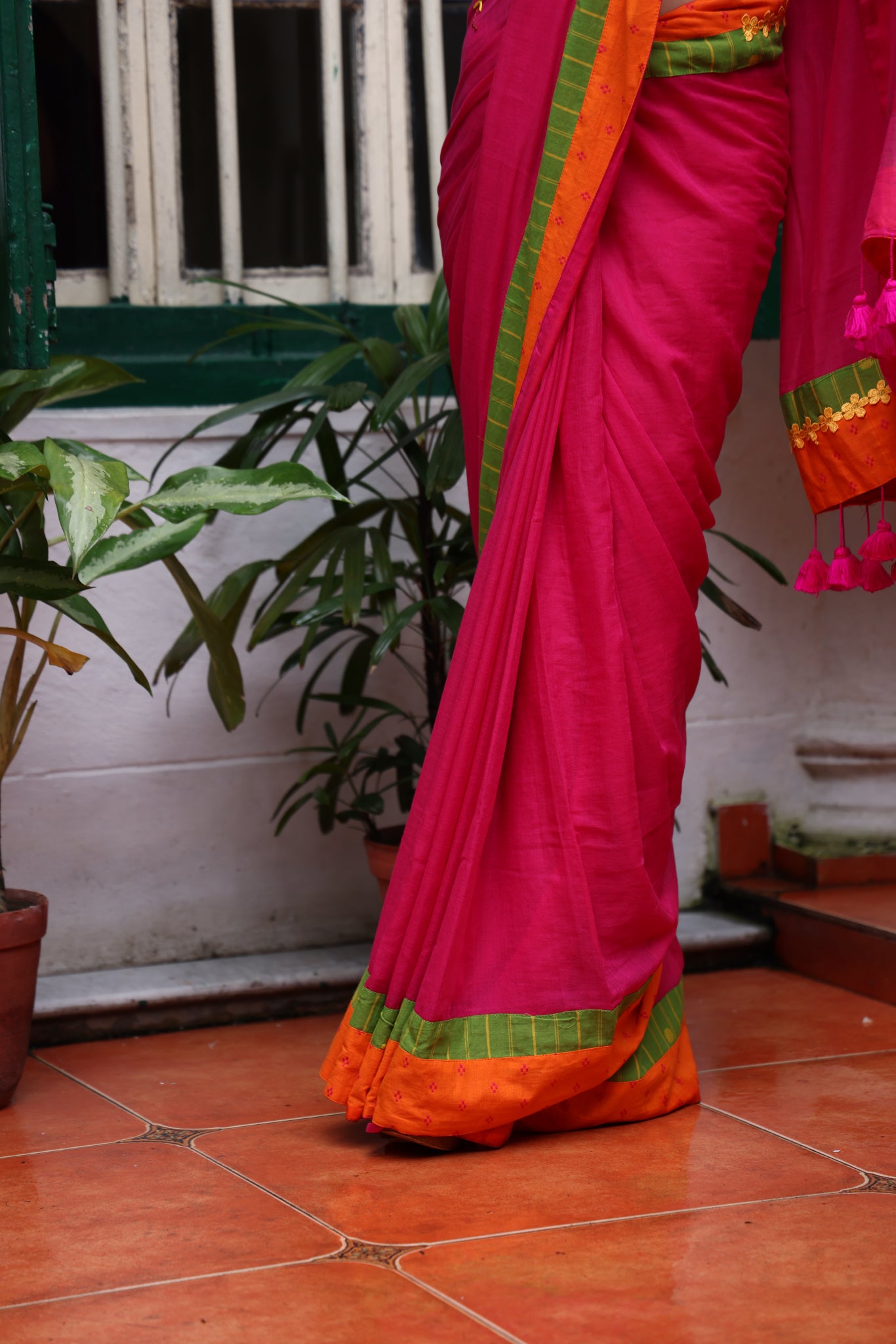 Fuchsia Flame Mulmul Patchwork Saree
