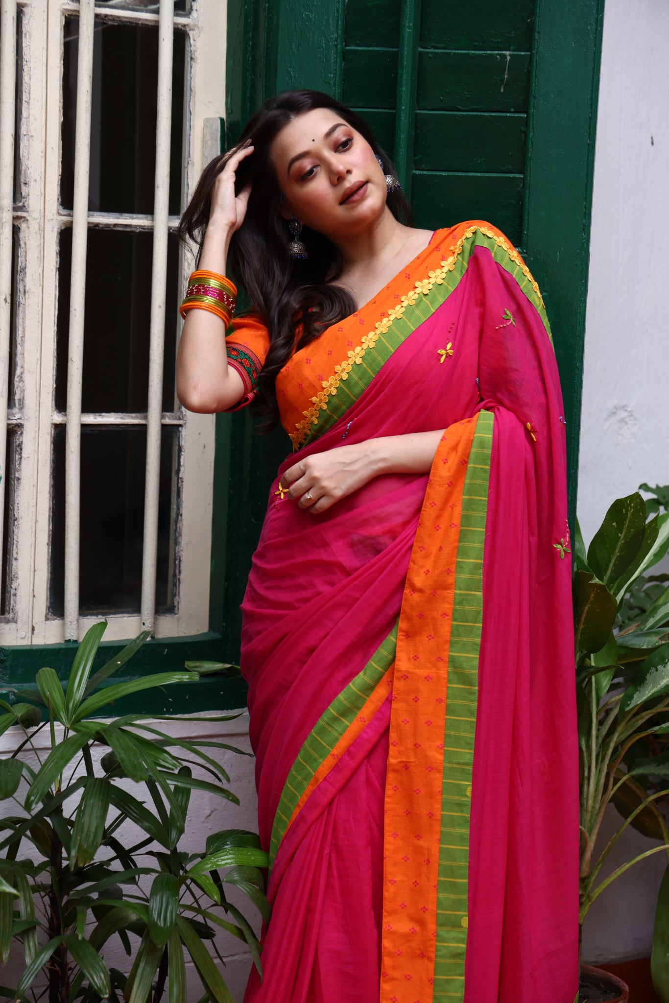 Fuchsia Flame Mulmul Patchwork Saree