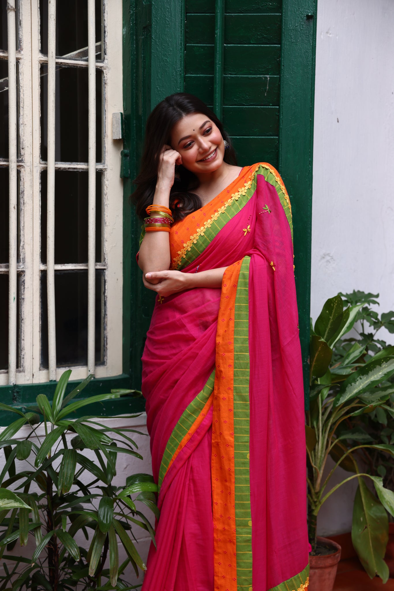 Fuchsia Flame Mulmul Patchwork Saree