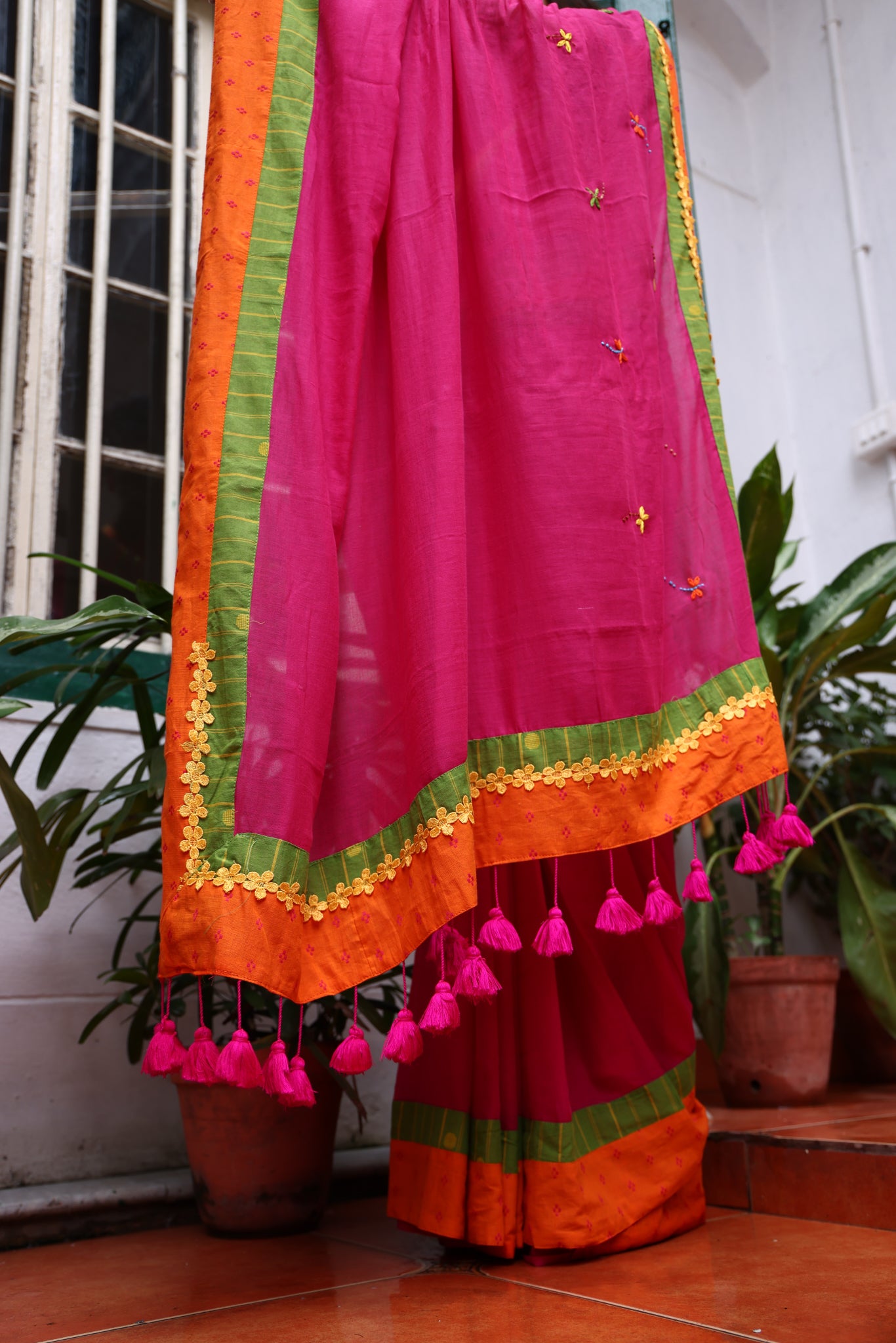 Fuchsia Flame Mulmul Patchwork Saree