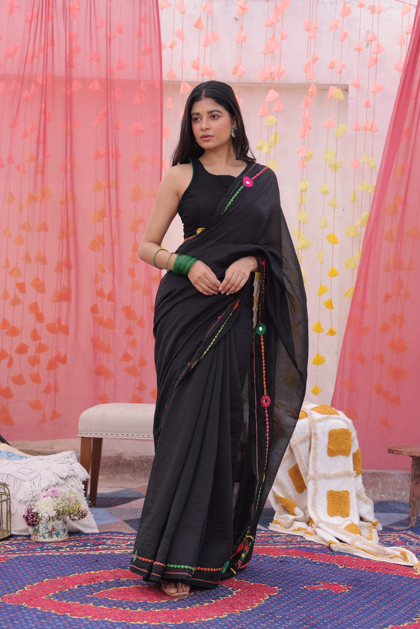 Black Mandala Hand Embroidered Saree