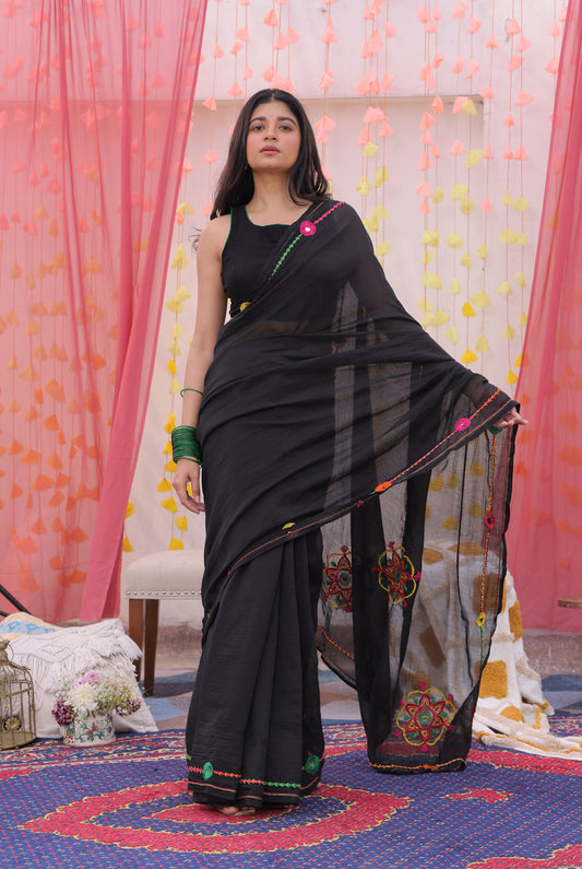 Black Mandala Hand Embroidered Saree