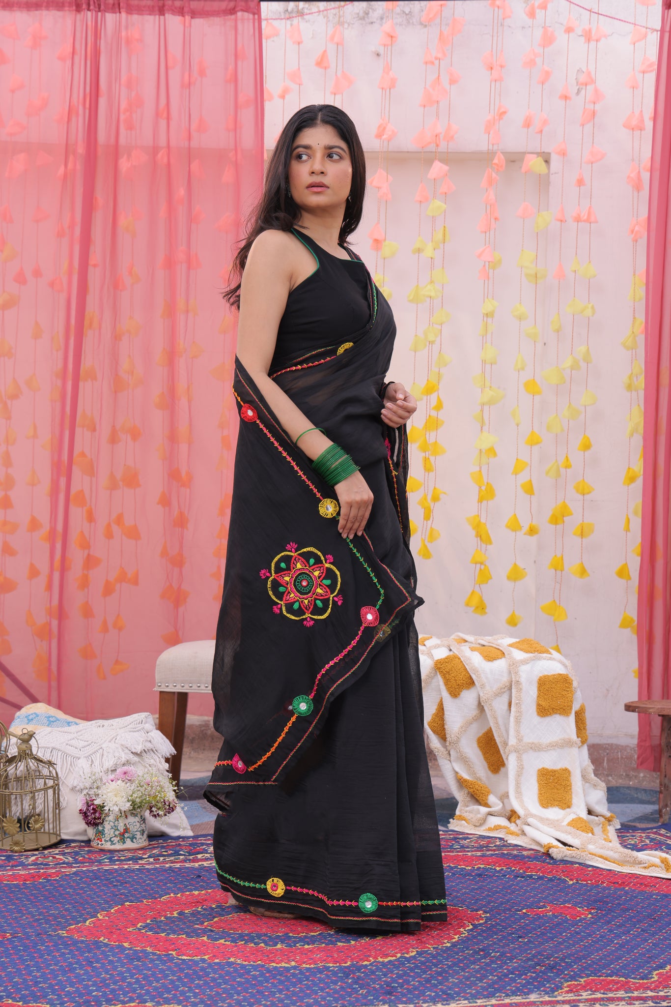 Black Mandala Hand Embroidered Saree